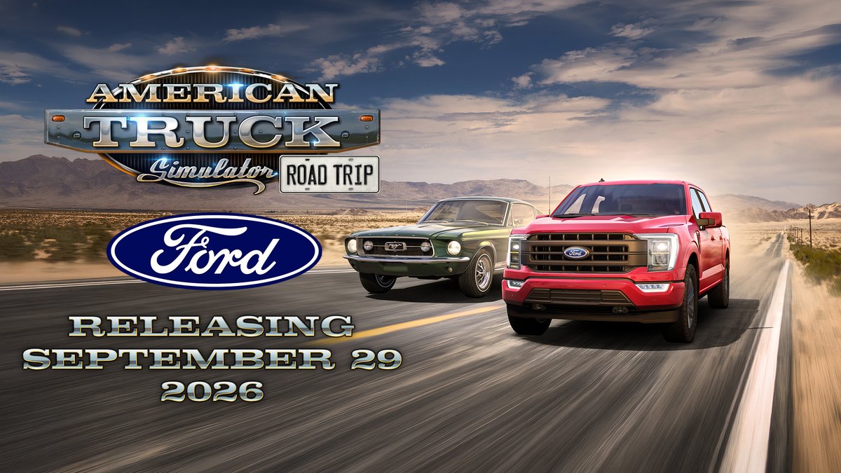 SCSsoftware's tweet photo. Get ready for a brand-new experience in American Truck Simulator as the Road Trip: Ford DLC will be released on September 29! 🚗

Drive legendary @Ford cars, complete deliveries, and explore the U.S. and its landmarks! 🗺️

Watch the video trailer here: https://t.co/4RBI7kSWNP https://t.co/YeHYfE2Izy