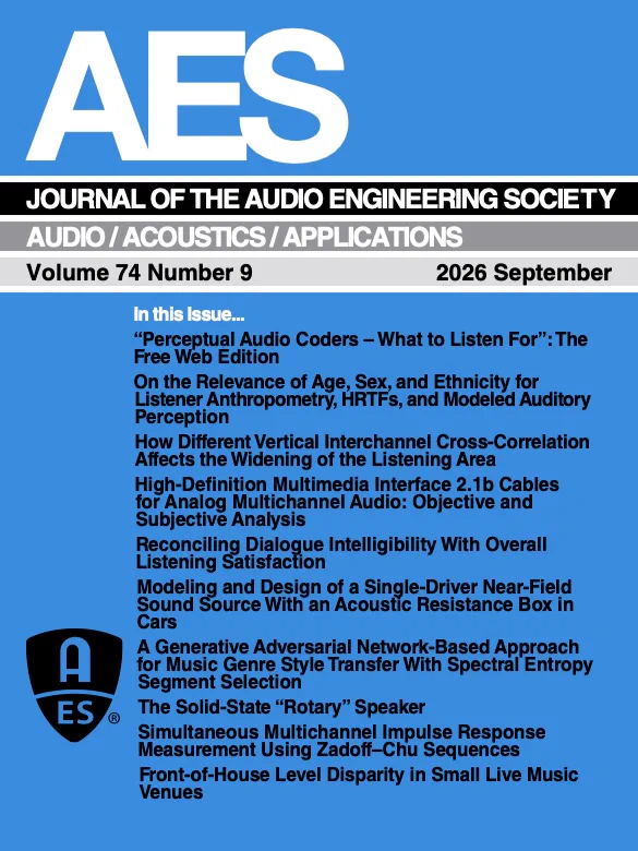 Cover of the September 2026 Journal of the Audio Engineering Society, Volume 74, Number 9, featuring articles on perceptual audio coding, listener perception, multichannel audio, loudspeaker design, live sound, music genre style transfer and other audio engineering research topics.