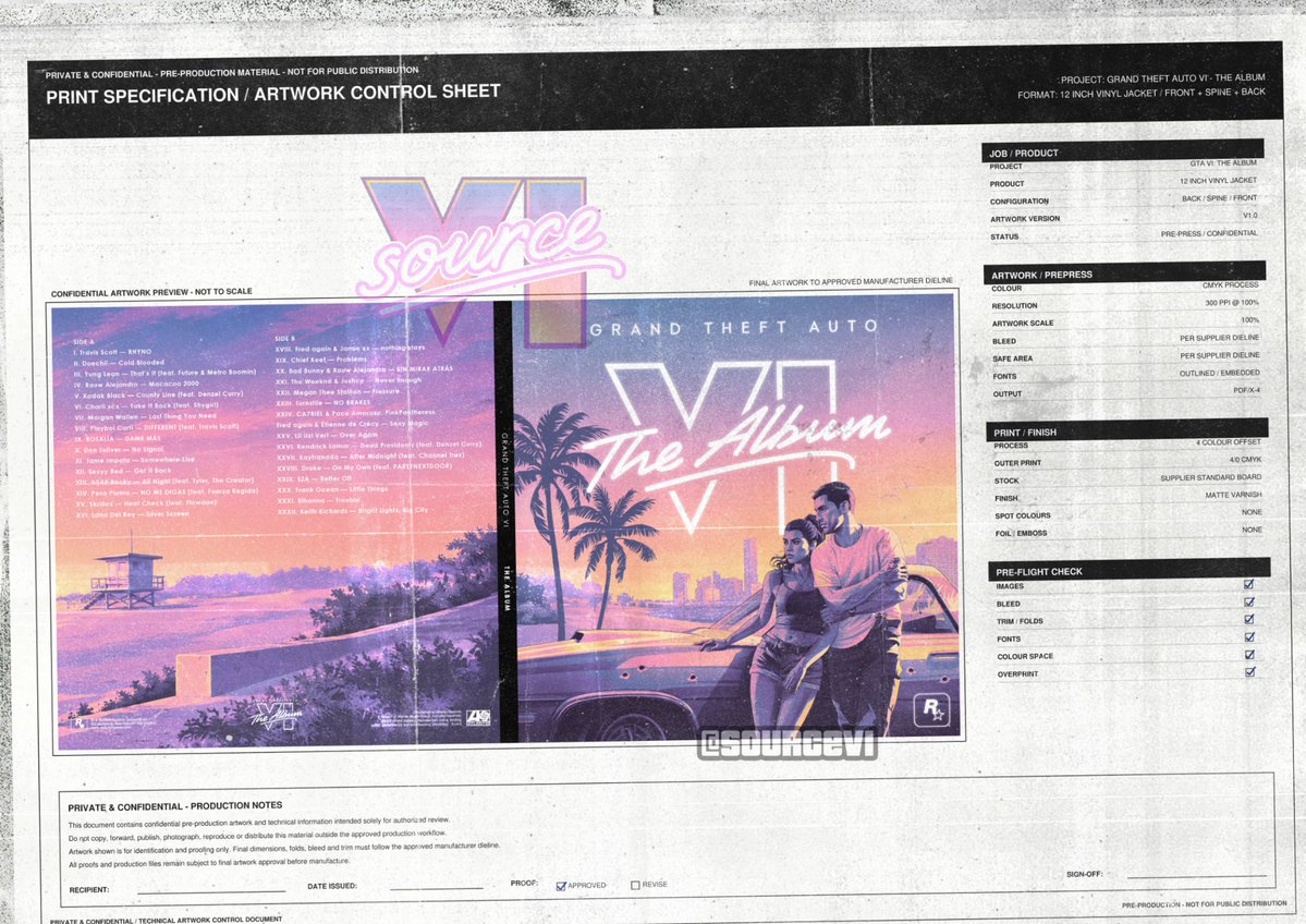 SourceVI's tweet photo. 🚨 BREAKING: The full GTA VI soundtrack LEAKED!?

Images of an internal 'GTA VI: The Album' pre-produciton print specification sheet has surfaced online, appearing to reveal the entire 34-track soundtrack and artist list.

This is a HUGE leak for Rockstar Games!👀⚡ @thrill_com