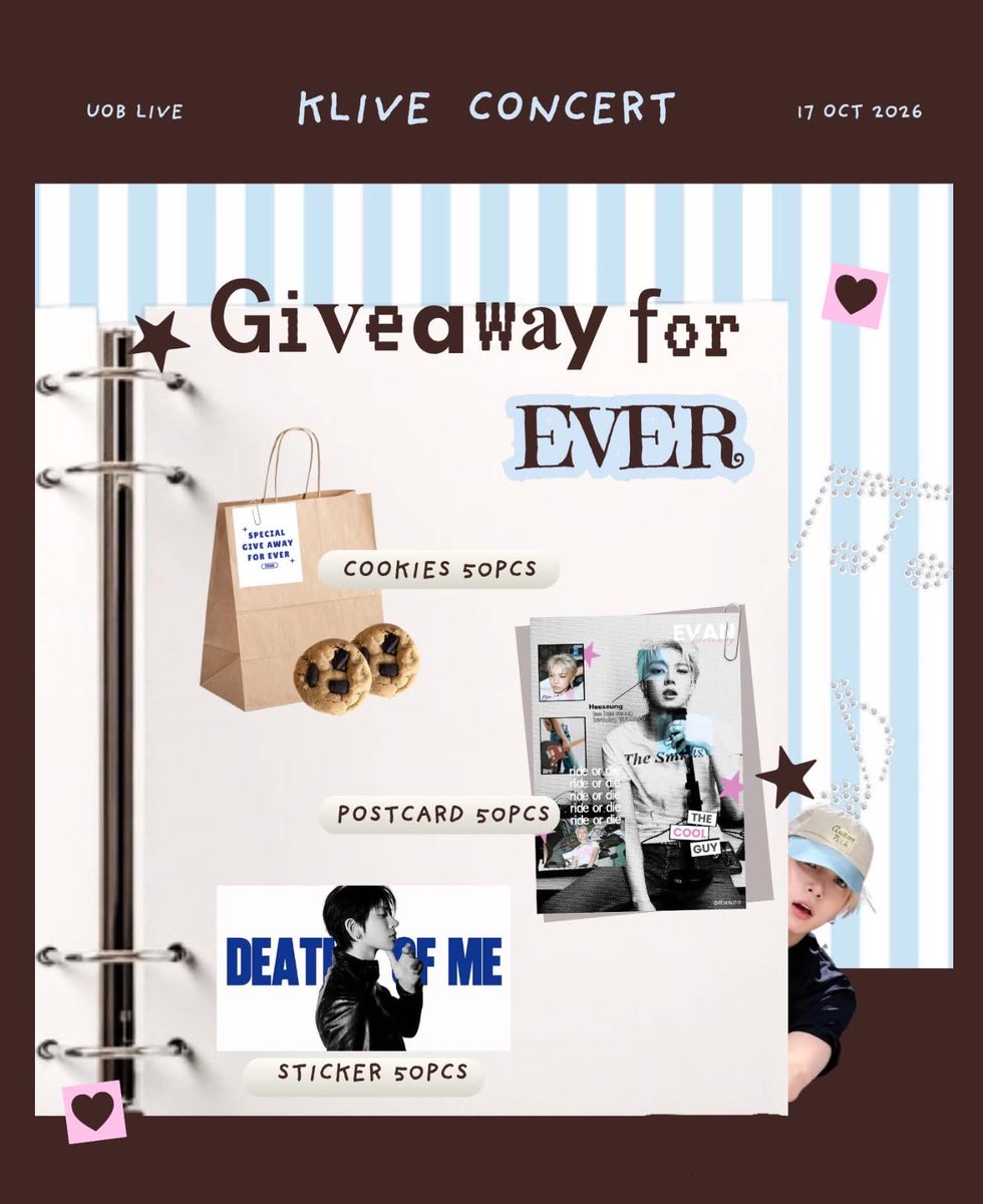 thxxuso's tweet photo. ⋆. 𐙚˚࿔ Pls RT 𝜗𝜚˚⋆

 ˚₊‧꒰ა Give away for Ever ໒꒱ ‧₊˚

1 Set : Sticker , Postcard , Cookies 

Only 50 set!! 

location : UOB Live
Date : 17 oct 2026
time : TBA 

See you krub 💘
 
#klive #Klivefestival
#HEESEUNG #EVAN https://t.co/pb6gJdhJL7