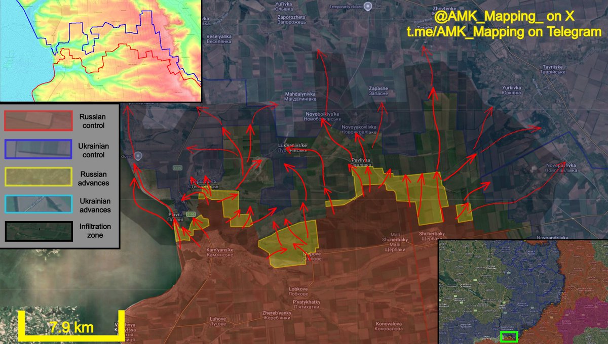 AMK_Mapping_'s tweet photo. Situation on the Stepnohirsk and Orikhiv directions:

Over the last few weeks, Russian forces have continued their intensified assault operations, making substantial progress in several different areas, while significantly expanding their zone of infiltration.

In the west, Russian forces repelled earlier Ukrainian infiltrations to the northwestern outskirts of Kamyanske and recaptured the southern part of Plavni. They also cleared a number of positions along the highway north of Kamyanske and have begun expanding their zone of infiltration in Prymorske. Some Russian DRGs were even detected in the northern part of Prymorske. Some of these assault operations are taking place along the dried-up river bed of the Kakhovka Reservoir. 

To the northeast, the Russians re-established control over the southern bank of the Sukhyy River and established a foothold just south of the town centre. Heavy fighting is now ongoing in the southwestern and eastern parts of the town as they attempt to reverse the earlier advances made by Ukraine and cut off the Ukrainian positions in the Plavni area. Additionally, they were able to improve their positions along the tactical heights southeast of Stepnohirsk, which has allowed Russia to intensify their infiltrations into the area of the solar panel farm and the treelines to the north. From here, DRGs have begun infiltrating the fields north of Stepnohirsk and the highway to the north, as well as the southwestern approaches to Mahdalynivka. 

To the southeast, the Russians cleared the salient west of Stepove and recaptured positions along the southern bank of the gulley northwest of Stepove. From there, they are trying to assault Ukrainian strongpoints along the treelines northeast of Kamyanske from the south and west, while simultaneously trying to bypass them from the north in the direction of Lukyanivske and the solar panel farm. 

To the northeast, Russian forces continued gradually expanding their zone of control north of Mali Shcherbaky and Shcherbaky, where they were able to entrench in the treelines south of Pavlivka and infiltrate through the village and the surrounding areas. Other assault groups cleared the remaining treelines north of Shcherbaky and began advancing further north towards the fields east of Pavlivka. These advances have allowed Russian small infiltration groups and DRGs to significantly expand their zone of operations, following heavy KAB glide-bomb bombardment of Ukrainian positions. Russian infiltrators are now actively advancing northwest of Pavlivka towards Novoboikivske and north towards Novoyakovlivka. DRGs are infiltrating even further north towards Zapasne and the fields northeast of Mahdalynivka. 

To the east, the Russians marginally advanced in the treelines northeast of Shcherbaky, and significantly intensified their infiltrations on the western flank of Orikhiv, entering the village of Novopavlivka in small numbers and beginning infiltrations north towards Zarichne and Yurkivka, along with the adjacent forests, following heavy KAB glide-bomb bombardment of Ukrainian positions. 

+ ~33.57 km² in favour of Russia.