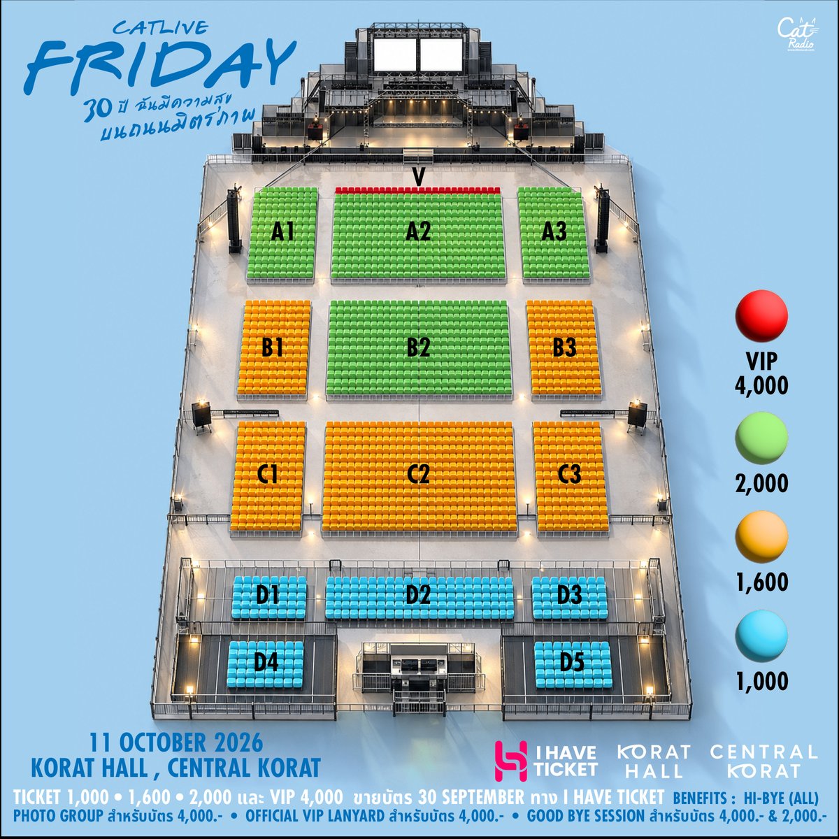 ThisisCatRadio's tweet photo. ผังราคาบัตรที่นั่งและสิทธิพิเศษ มาแล้ว!
CAT LIVE FRIDAY
30 ปี ฉันมีความสุข บนถนนมิตรภาพ
11 ตุลาคม 2569
KORAT HALL, CENTRAL KORAT

ประตูเปิด: 16.00 น.
เริ่มแสดง: 18.00 น.

เพื่อมิตรภาพแนบแน่น
บอย หนึ่ง ดุลย์ จัด BENEFITS
ให้ถึงใจเพื่อนๆ ทุกคน 
ครั้งแรก บนถนนมิตรภาพ

บัตรราคามิตรภาพ
1,000 / 1,600 / 2,000 บาท VIP 4,000 บาท
เปิดขาย 30 กันยายน 2569 เวลา 10.00 น. ที่ I Have Ticket 

BENEFITS

- HI-BYE (ALL)
- PHOTO GROUP สำหรับบัตร 4,000.-
- OFFICIAL VIP LANYARD สำหรับบัตร 4,000.-
- GOOD BYE SESSION สำหรับบัตร 4,000.- & 2,000.-

ติดตามรายละเอียดเพิ่มเติมได้ทาง Facebook: Cat Radio, Friday

#FRIDAY30ปีฉันมีความสุขบนถนนมิตรภาพ
#FRIDAY
#CATRADIO