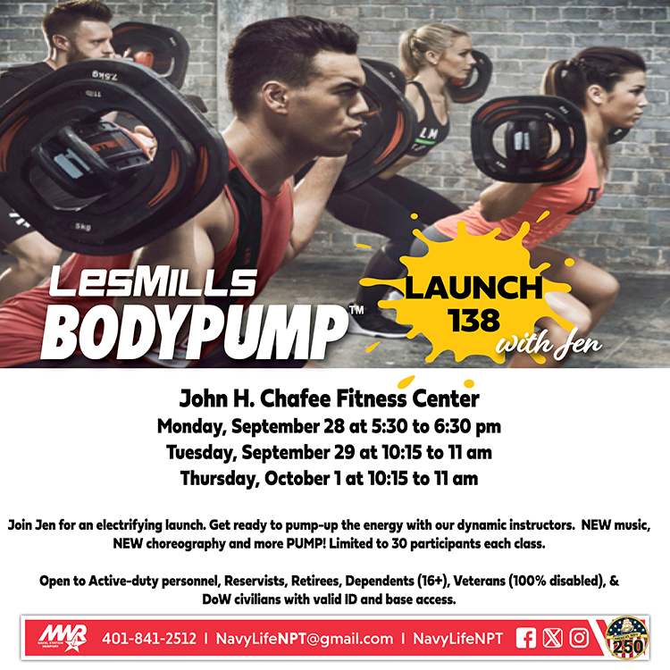 NavyLifeNPT's tweet photo. GET READY TO PUMP! #LesMills #BODYPUMP #Launch138 at the John H. Chafee Fit Ctr with Jen! Get ready for an electrifying launch featuring NEW music, NEW choreography & MORE PUMP! #PumpItUp #ChafeeFitnessCenter #NAVSTANPTMWR #NavyLifeNPT #FitnessFun https://t.co/mYCnlQdkj0