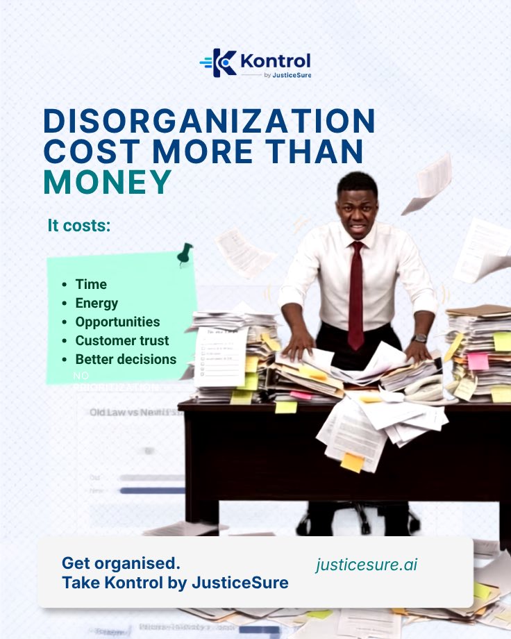 Justicesure_ai's tweet photo. A disorganised business costs more than you think.

Lost time. Missed opportunities. Delayed responses. Unnecessary stress.

Get the clarity and visibility your business needs with Kontrol.

Start FREE: https://t.co/9P8XefWoXX

#Kontrol #JusticeSure #SME https://t.co/yFvdDF3nI2