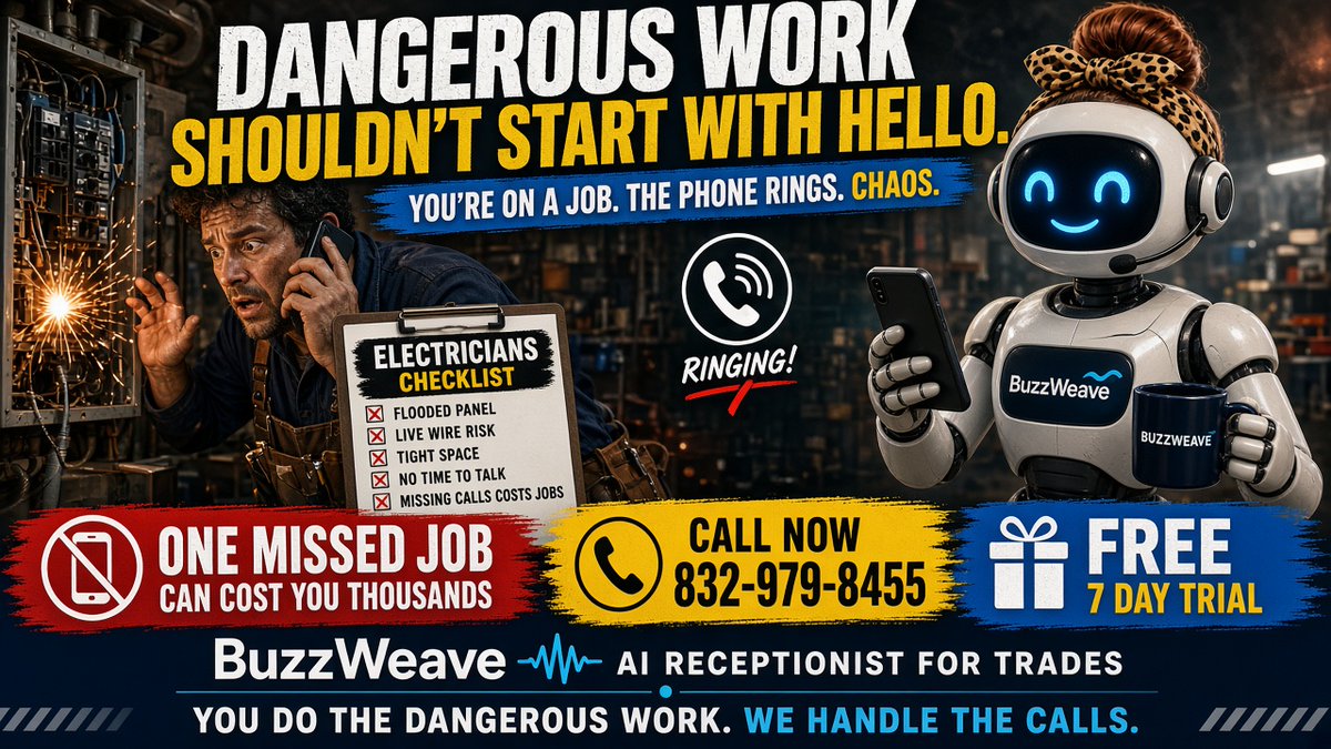 buzzweaver's tweet photo. Dangerous work shouldn’t start with hello.
Buzzweave answers so you stay safe.
Hear the demo: 832-979-8455
https://t.co/abGCnfHOeN
#Electrician #Buzzweave https://t.co/hkKXoVRyv3