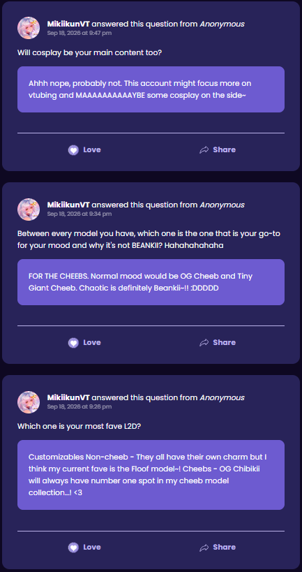 mikiikunVT's tweet photo. I finally shared my PIXEL account on stream~!

I opened it mainly for the question &amp; answer portion and answered these on stream~ ✨✨✨Looking forward to using this to interact more with creators and supporters! https://t.co/bVjvuadS4F