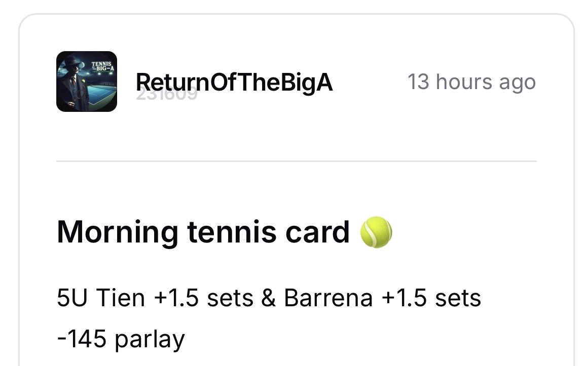 ReturnOfTheBigA's tweet photo. 5U Tien +1.5 sets &amp; Barrena +1.5 sets -145 parlay ✅ 

Hit the two biggest plays yesterday and returned to cash the play of the morning 🎾 

Big day incoming lock in ⬇️ 

https://t.co/msom2ezRl9 https://t.co/g0vaSMfTlw