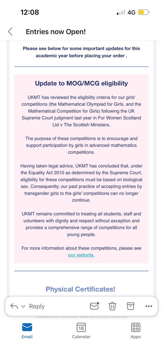 johnarmstrong5's tweet photo. The UK Maths Olympiad for Girls has finally announced it will use sex to determine eligibility.

It is depressing to think how little opportunity maths has given to women in its 3000 year history. 

1/3 https://t.co/I38p3XwIga