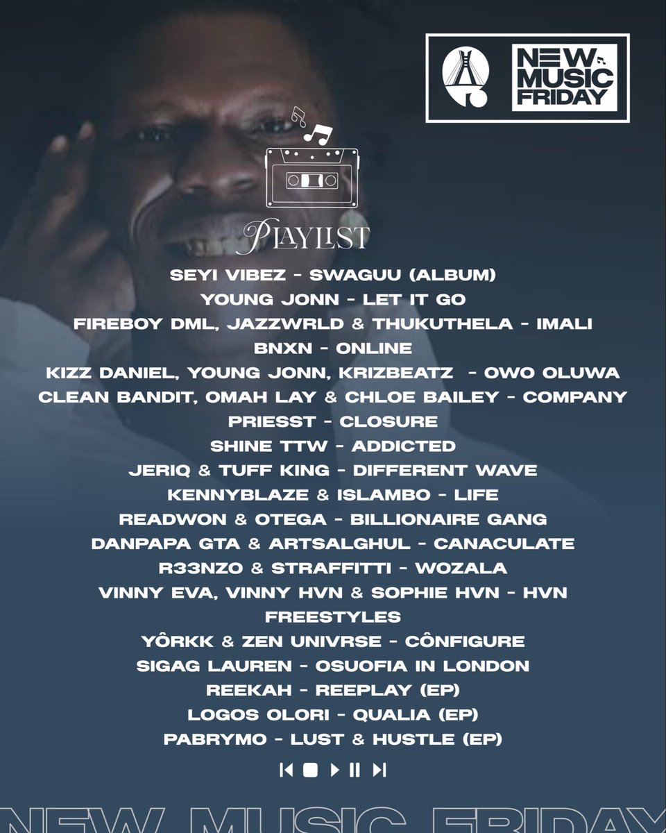 lasgidiroom's tweet photo. NEW MUSIC FRIDAY

Seyi Vibez - Swaguu Album
Young Jonn - Let it Go
Fireboy DML, Jazzwrld &amp; Thukuthela - IMALI
BNXN - Online
Kizz Daniel, Young Jonn, KrizBeatz &amp; Wave Choir - Owo Oluwa
Clean Bandit, Omah Lay &amp; Chloe Bailey - Company
Priesst - Closure

#lasgidiroom #Newmusicfriday https://t.co/PJIUyOMjh2
