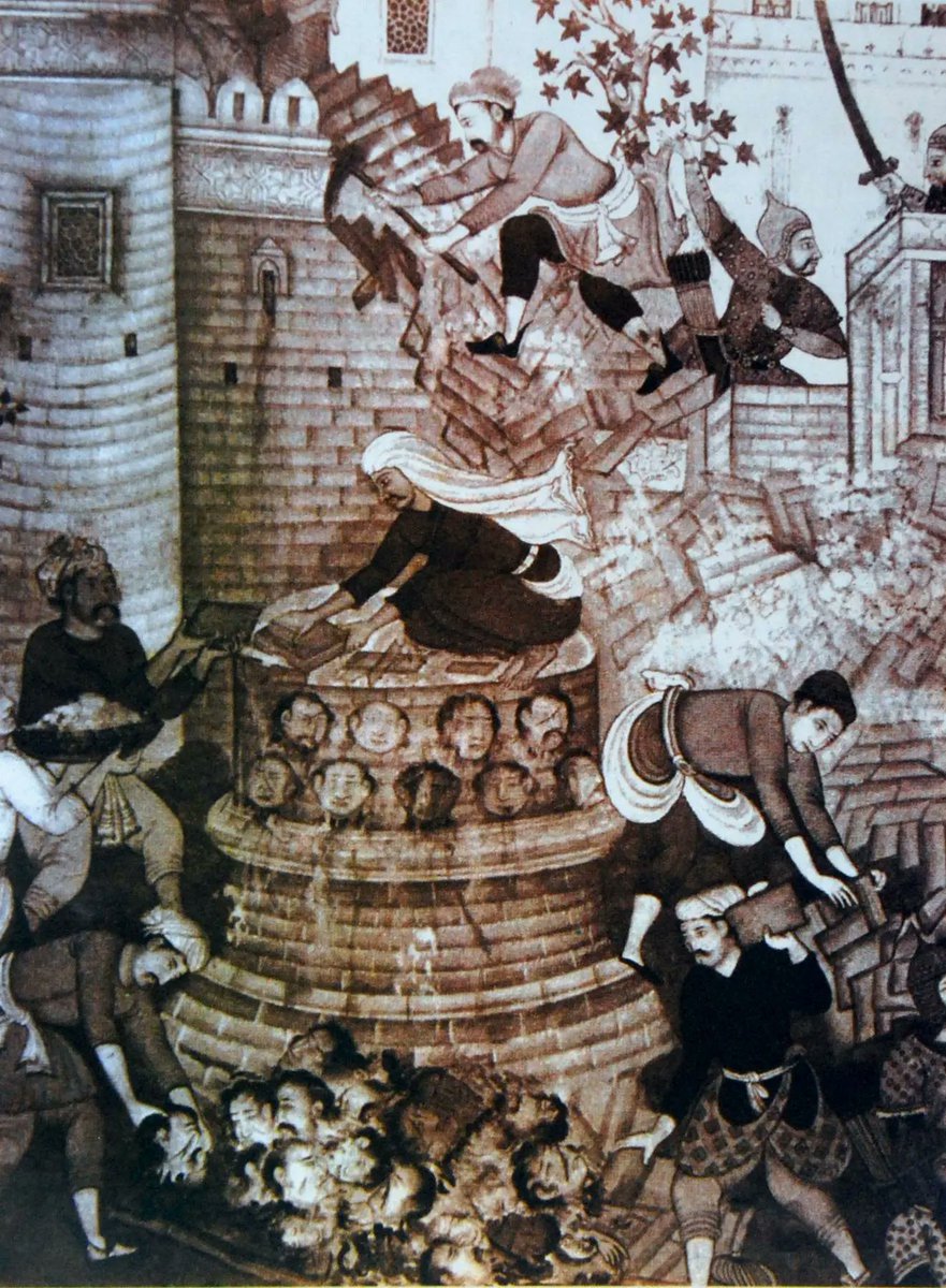 NeenaRai's tweet photo. The Tower of Skulls of Dhusar Bhargava Brahmins

The battle between Maharaja Hemchandra Vikramaditya (Hemu) and the Mughals was fought at Panipat on November 5, 1556 AD. At first Hemu was successful on both wings. Probably he would have been the victor but for the accident that he was hit in the eye by an arrow and rendered unconscious. His army, when deprived of its leader, dispersed at once.

Hemu was captured in an unconscious, almost dead state. He was killed by Bairam Khan, but the sword was given to a young Akbar to touch his neck so that he could earn the title of Ghazi (the killer of Hindus (infidels) and who enslaves zar (cattle/livelyhood), zoru (women), zameen (land).  Hemu’s head was sent to Kabul to show Afghans that he was dead, and his trunk was gibbeted at one of the gates of Delhi.

But the tragedy did not end there. The forces of Akbar conquered the Sarkar of Alwar, which was the home of Hemu. The Mughal officer proceeded to the township where Hemu’s family lived - Machheri near Rajgarh in Alwar District. 

The father of Hemu, Puran Das, a purohit who had taken 
sanyas, had migrated to Vrindavan to live with the famous saint Harivansh of the Vallabha Sampraday. He was captured and brought alive before Pir Mohammad Khan, a general and military commander of Akbar. 

He told him to change his religion. The old man answered, “For eighty years I have worshipped my god Vishnu, according to Sanatan Dharma. Why should I change it at this time, and why should I merely for fear of my life and without understanding how it comes into your way of worship? 

Pir Mohammad treated his words as if he had not heard them, and like a slithering snake, replied to Puran in the language of the sword. 

The vengeance of the Mughals continued. The clan of Dhusar Bhargavas was hounded throughout the region, brutally beheaded. A pyramid of their skulls was built. 

This painting from Akbar’s time is on display in the National Archives, New Delhi, and its replica can be seen in the War Museum at Panipat. Such pyramids were still in existence even 60 years later during the time of Jahangir, as mentioned by Peter Mundy, a British traveller in his travelogue on India during that period.

No praise can be too great for Hemu’s bold endeavour to re-establish indigenous rule at Delhi after more than 350 years of foreign domination. However, his whole clan, supporters, and everyone he knew were put to death. 

R.C.Majumdar mentions, “such was the end of the noble family of Hemu, a great Hindu who was born in a humble home, but made his way to the throne of Delhi.”

Hemu fought 22 battles against Afghans who had revolted against Adil Shah, as he was his Prime Minister and Chief of the Afghan Army.

The next time, someone bitches about Brahmins, feel free to share this story so they know what sacrifices they made so India would be free. This is one of the reasons there are so few Brahmins and Kshatriyas in India today, because countless of them died fighting, and their families and clans were brutally murdered. Shove this in the face of thankless idiots who claim 3000 years of thirst and the slimy creatures who call Mughals 'great'. 

Pic credit: Mughal miniature painting from an Akbarnama manuscript depicting a tower of skulls being built with the remains of Hemu's soldiers and supporters, circa 1590. Wiki