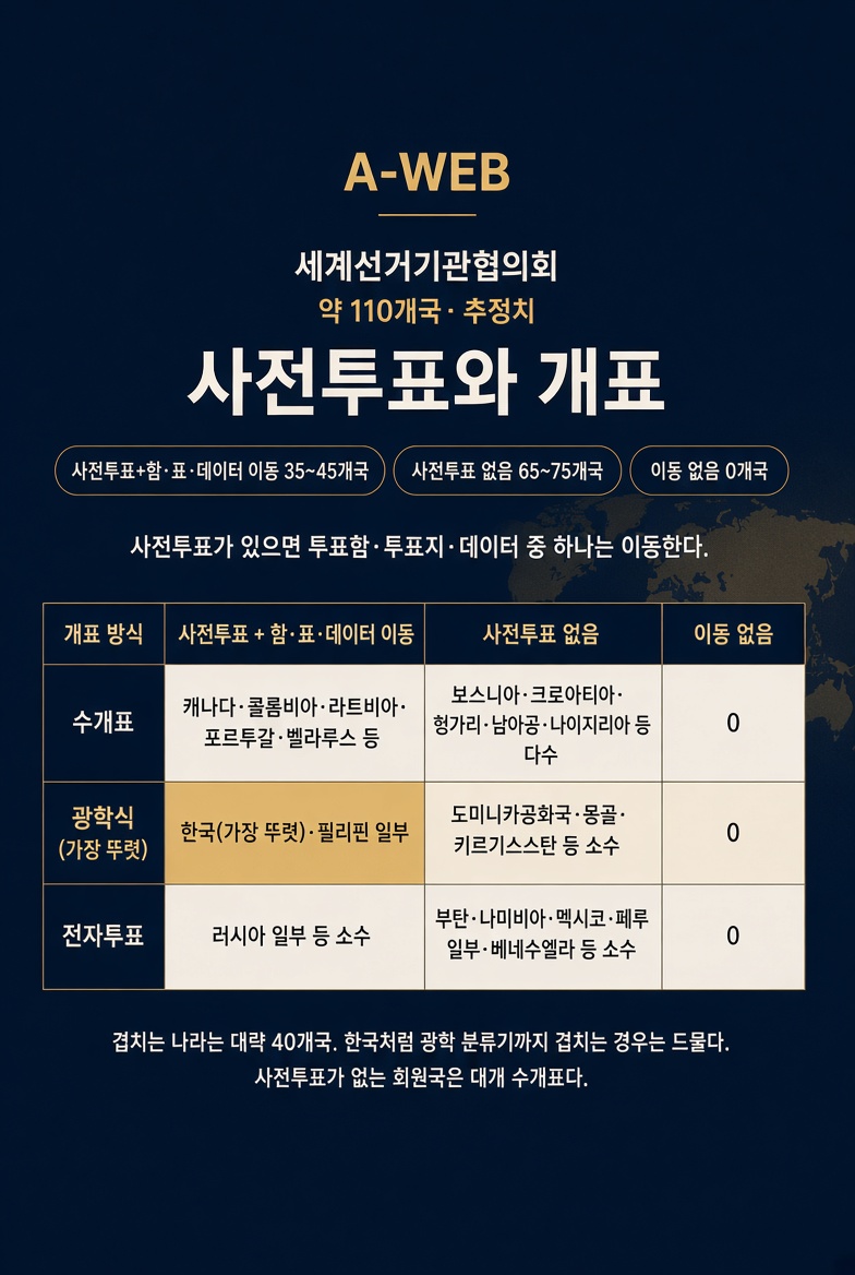 Awebout1's tweet photo. A-WEB 110개 회원국을 3가지로 나누어 봤습니다!

■ 사전투표 + 함·표·데이터 이동 (35~45) ■ 사전투표 없음 : 65~75 ■ 사전투표는 존재하지만 함·표·데이터 이동없음 (0)
공식적인 조사는 아니고 AI를 통해서 추정한 계��치입니닷

근데 이게 참 수상한게 한국처럼 광학식으로 전자개표를 하는 국가가 굉장히 적게 나오더라고요.....참고하시면 좋을 거 같아 공유해봅니닷!

사전투표 ≠ 선거무결성