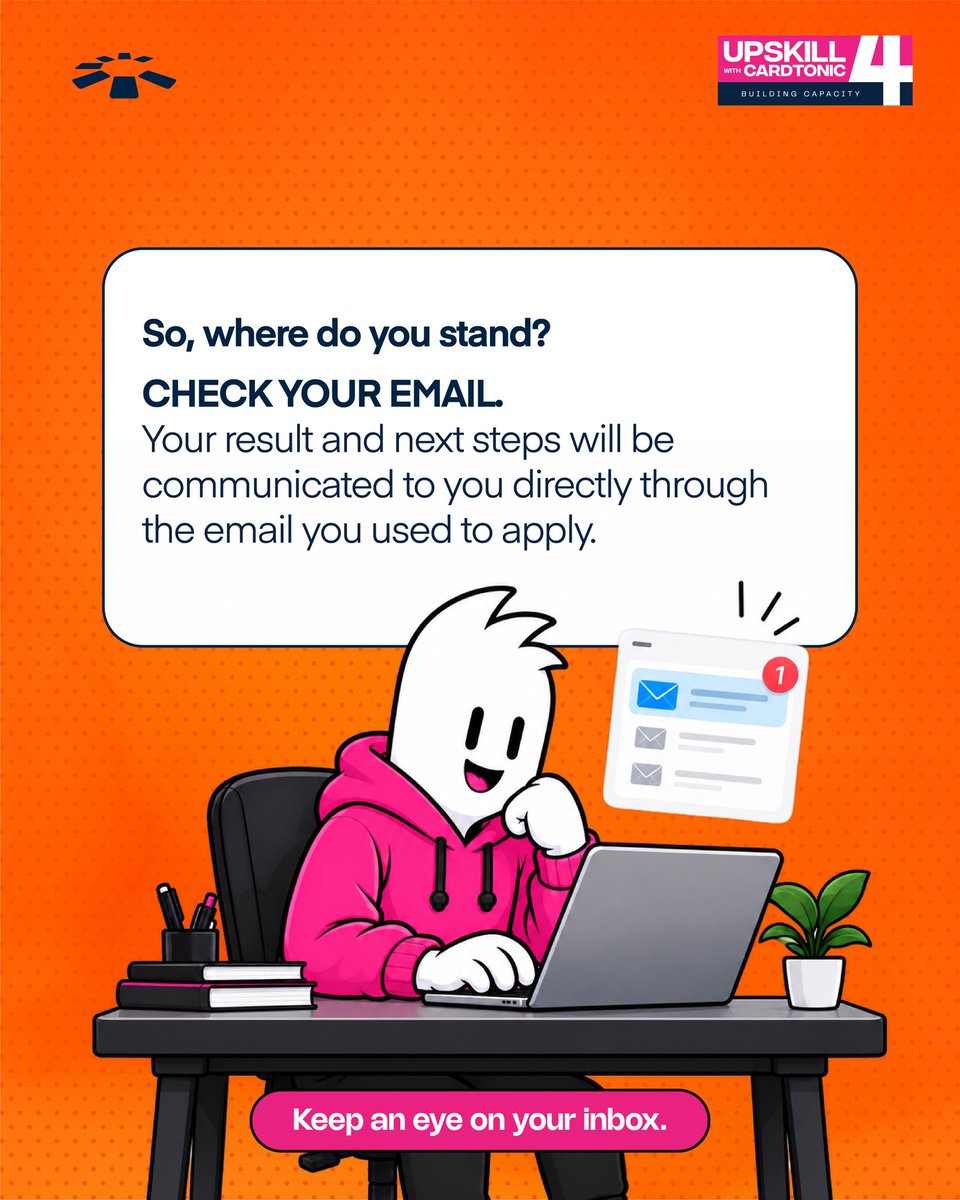 cardtonic's tweet photo. MacBook applicants, we have an update.

The scores have been reviewed, and we’ve set the cutoffs for each track.

If you took the Upskill 4.0 MacBook assessment, check your email to know where you stand and what comes next.

Your update is waiting. Go check your inbox!

#upskillbycardtonic