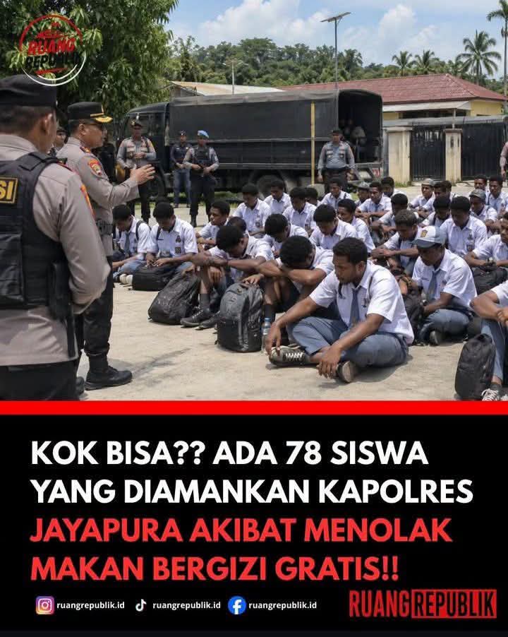 Boediantar4's tweet photo. Pelajar yg menolak MBG di amankan aparat..!
 Sementara ribuan siswa yg keracunan tak ada satupun yg di aman kan ...!
Karena dapurnya punya aparat..?!
 
78 Pelajar Diamankan Polres Jayapura Saat Hendak Ikuti Aksi Tolak MBG.
https://t.co/leChPWKT3a, 15 September 2026, https://t.co/Rrda269M5W