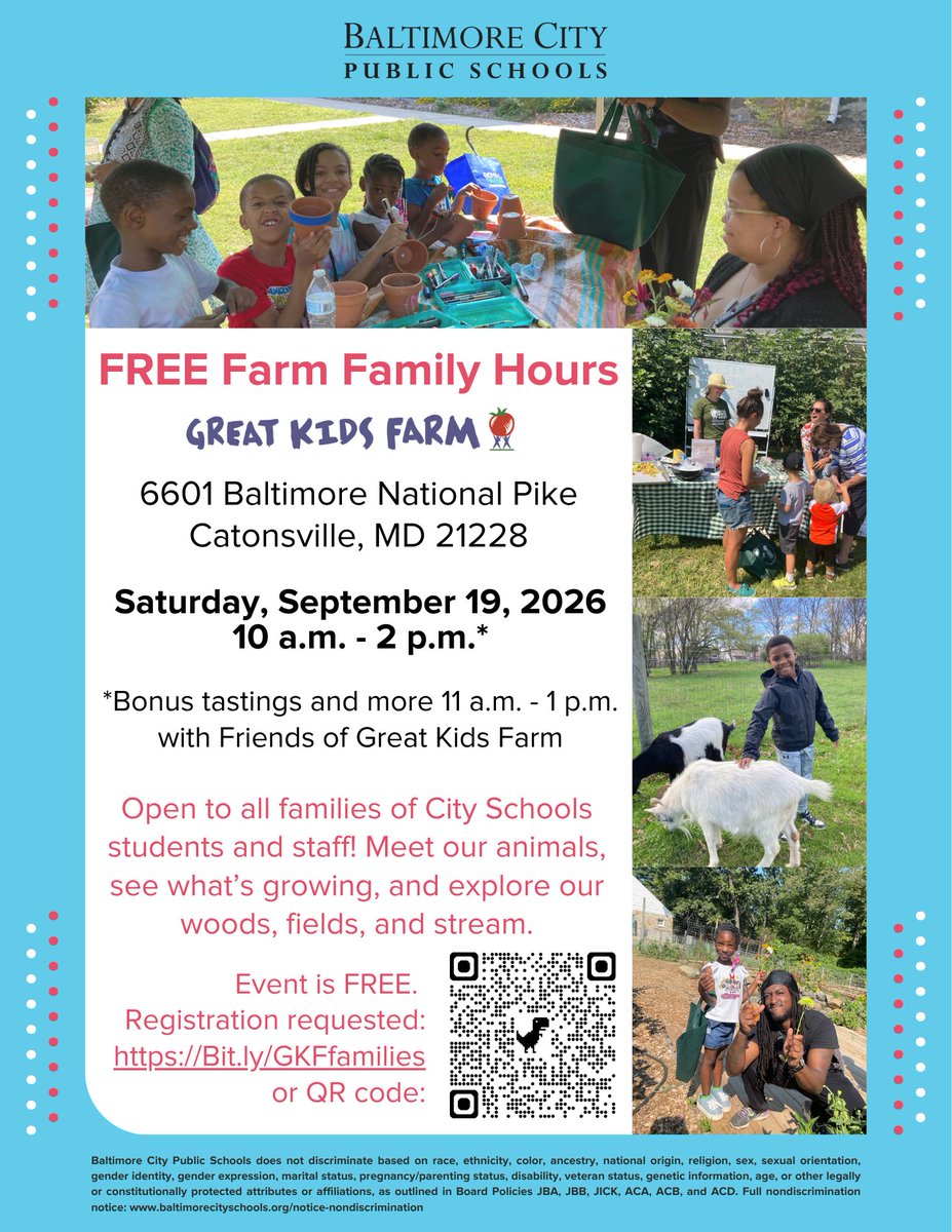BaltCitySchools's tweet photo. TOMORROW: City Schools families and staff—come to Great Kids Farm for FREE Farm Family Hours on Saturday, September 19, from 10 a.m. to 2 p.m. Meet the animals, see what’s growing, and explore the woods, fields, and stream. Optional registration (helps with planning): https://t.co/y0AMGFUdao
