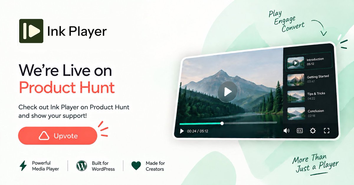 inkplayerwp's tweet photo. A media player shouldn’t just play your content.

It should help your content do something.

That’s why we built Ink Player.

And we're now live on @ProductHunt.

Would love your support. 🖤 https://t.co/jCJc6W52TA