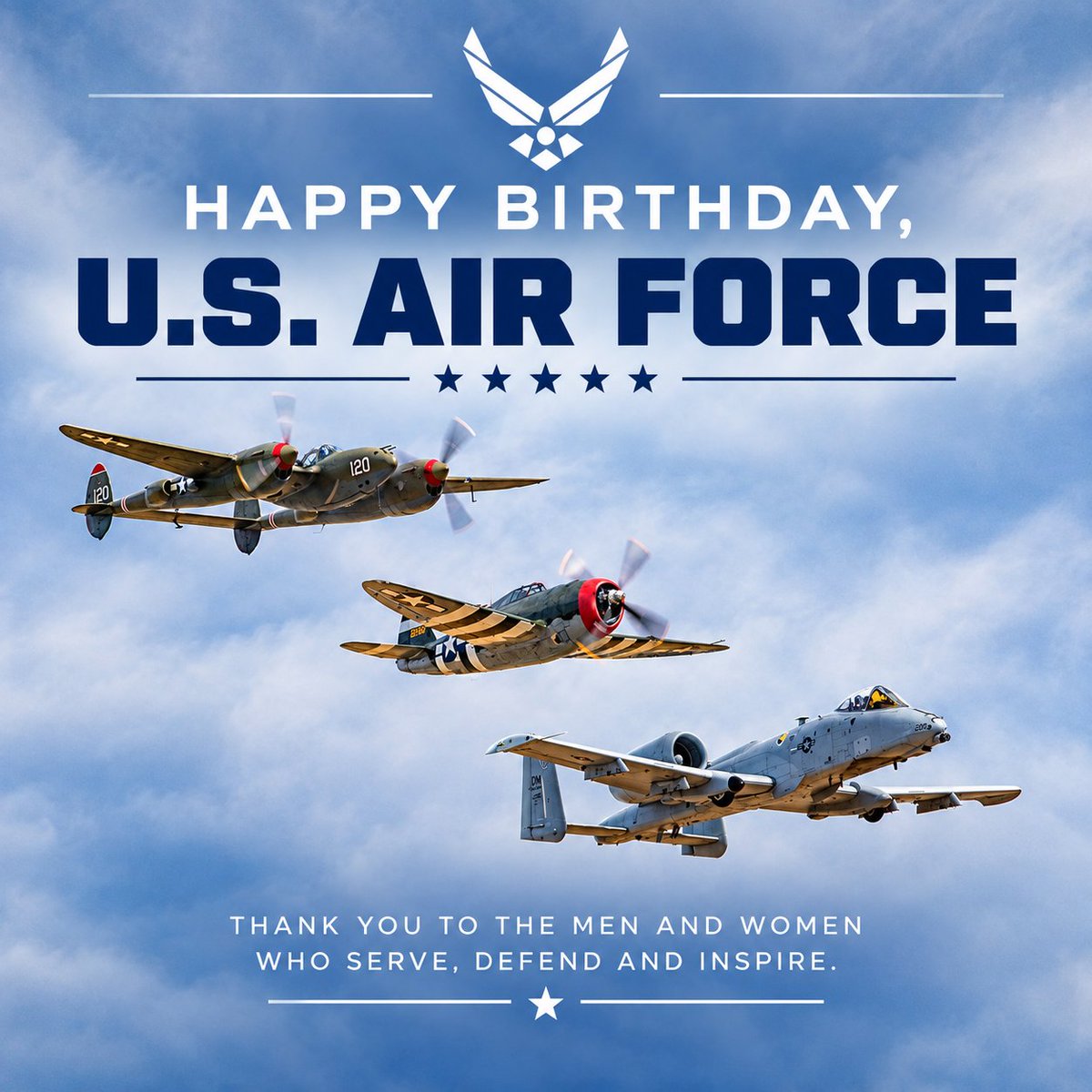 EAA's tweet photo. Happy Birthday, @usairforce! 🫡🎈🎉

On September 18, 1947, the U.S. Air Force was officially established as an independent military service branch. Today, on its 79th birthday, we extend our sincere gratitude to all Air Force veterans and active service members.

Nothing honors that incredible lineage quite like a Heritage Flight, as seen in this photo from the 2018 Planes of Fame Air Show!

📸 Connor Madison

#Avgeeks #Aviation #USAF #MilitaryHistory