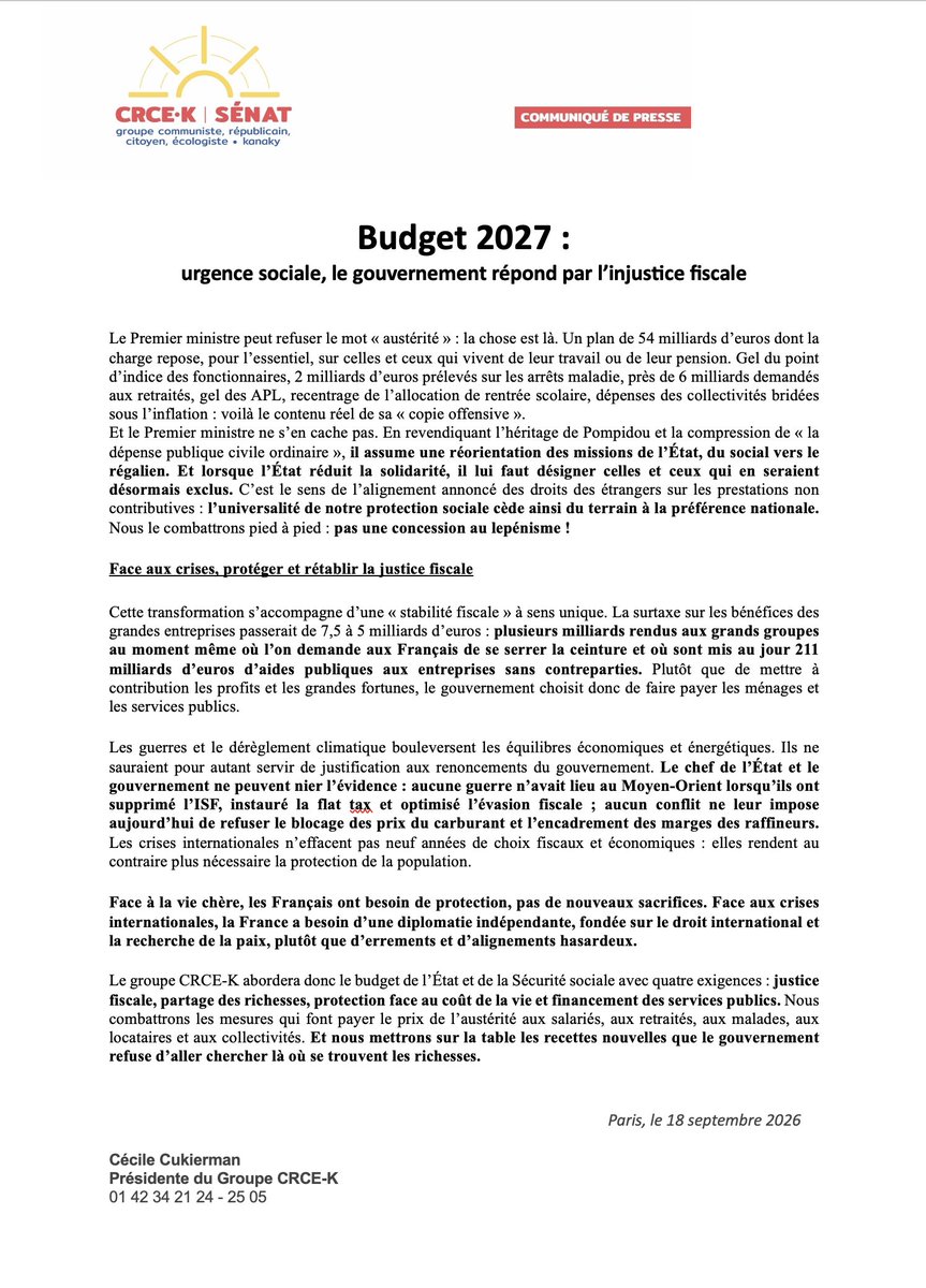 senateursCRCE's tweet photo. Face à la vie chère, les Français ont besoin de protection, pas de nouveaux sacrifices ! 
Les @senateursCRCE appellent à la justice fiscale, au partage des richesses et au financement des services publics. Le CP ↩️ https://t.co/1hKiSUNEfI