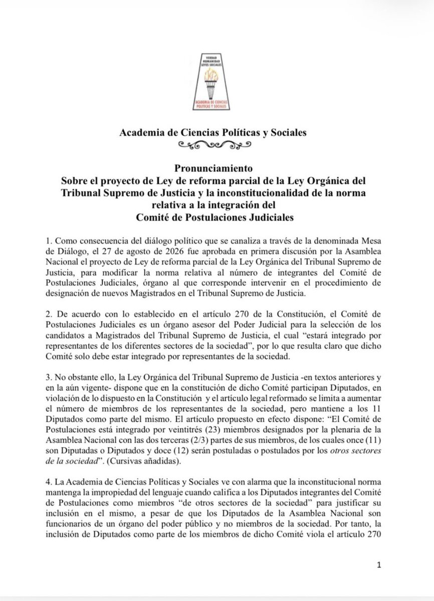 ignandez's tweet photo. La reforma de la Ley Orgánica del Tribunal Supremo de Justicia venezolano viola el artículo 270 de la Constitución: el Comité de Postulaciones Judiciales no puede estar integrado por diputados, aun cuando ahora sean minoría. 
La Academia de Ciencias Políticas lo ha señalado. https://t.co/MX3Bc7G3iH