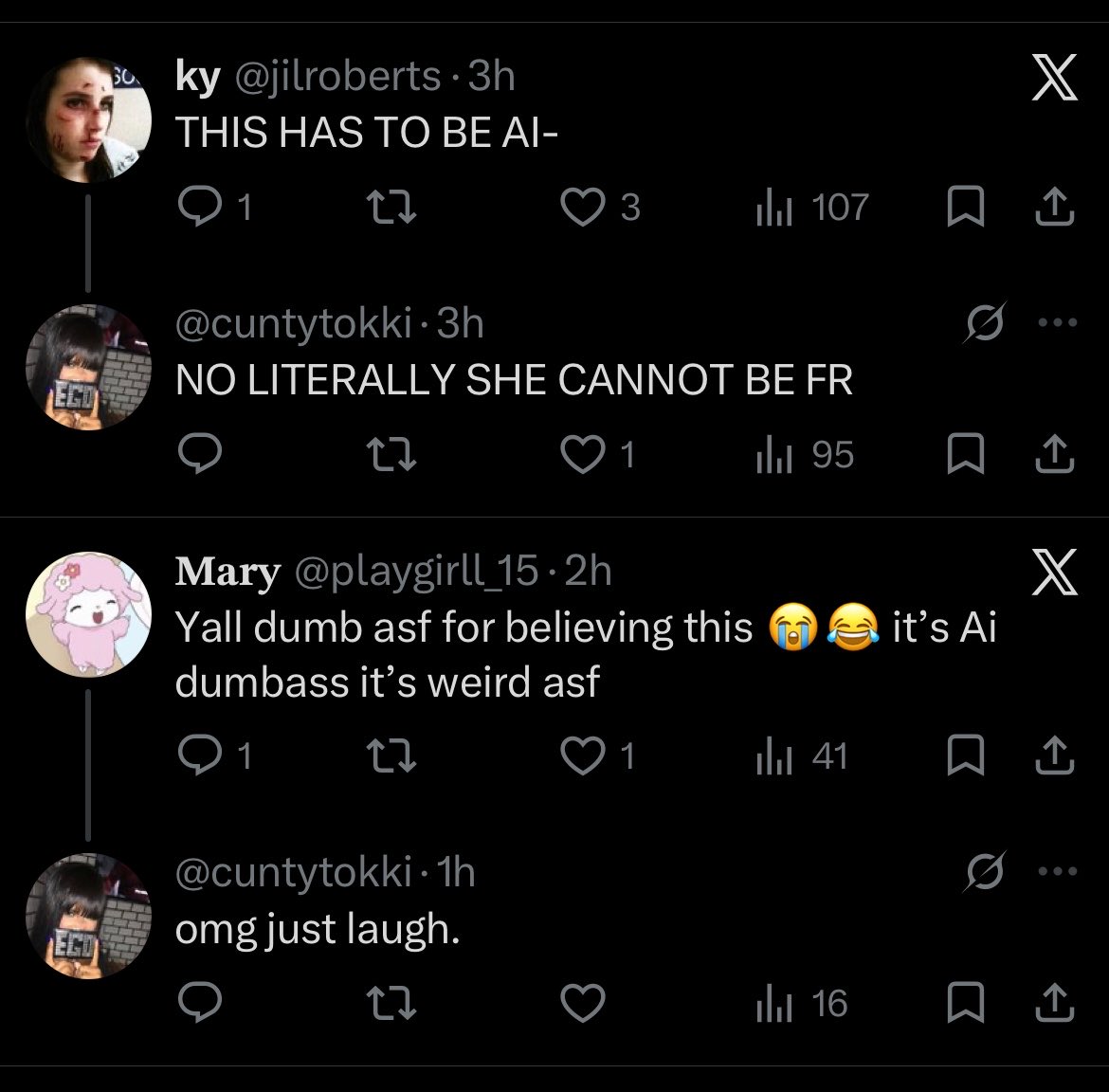 meretchanciez's tweet photo. Two BLACK people kiking at an ai video of a non black person saying a slur and then saying “just laugh” when they get confronted some of yall should’ve stayed in that condom fr https://t.co/RDlMNmdZWK