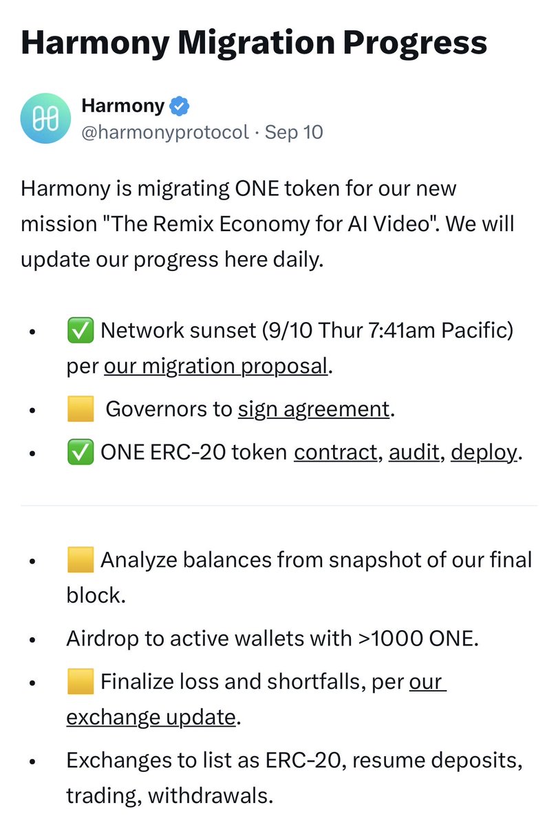 kratos_harmony's tweet photo. 🚨 @harmonyprotocol +225% 🆙: is migrating $ONE token to $ETH for the 🆕 mission "The Remix Economy for AI Video" 🚀 

Progress:

•✅ Network sunset (9/10 Thur 7:41am Pacific) per our migration proposal.
•🟨  Governors to sign agreement.
•✅ ONE ERC-20 token contract, audit, deploy.
•🟨 Analyze balances from snapshot of our final block.
•Airdrop to active wallets with >1000 ONE.
•Exchanges to list as ERC-20, resume deposits, trading, withdrawals.
•Claim for Gnosis multisig safes.
•Claim for bridge assets [and liquidity pools].
•Calculate Dec 9th quarterly payout for governors and delegators.
•Operators to run LTX 2.5 on Latitude's H100 per our "AI Video Remix" mission.
•✅ New (minimal) X profile, website, curation.
•✅ Free credits to generate AI videos for operators.
•🟨 30 single-letter .country domains for operators, 6-month lease: kratos, mintbes.
•1000 two-letter .country domains for governors and affiliates, 1-year lease.
•Affiliate code to earn 30% comission on user signups.