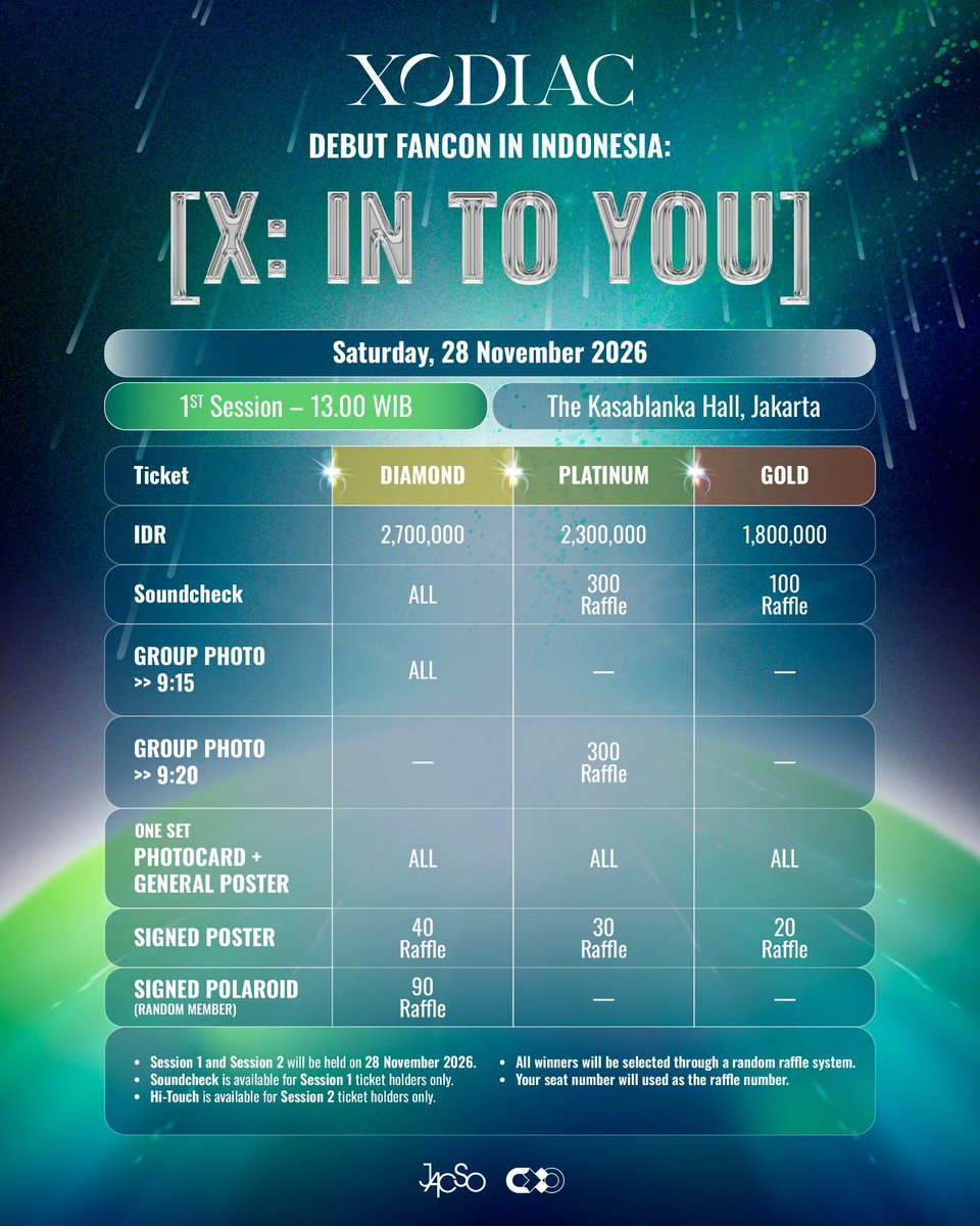 onecooljacso's tweet photo. XODIAC DEBUT FANCON IN INDONESIA 

X-BLISS, are you ready? 

Here are the ticket details for
XODIAC DEBUT FANCON IN INDONESIA 

📅 Saturday, 28 November 2026
📍 The Kasablanka Hall, Jakarta

🎫 Please check the poster above for ticket categories, prices, and benefits.

More information regarding ticket sales and event updates will be announced on our official website:

🔗 https://t.co/Aj5WMJsATG

Stay tuned and get ready to meet XODIAC in Jakarta! 🇮🇩

See you soon, X-BLISS! 

@CxoMedia @XODIACOfficial 
#XODIAC #XBLISS
#XODIAC_FANCON_INDONESIA