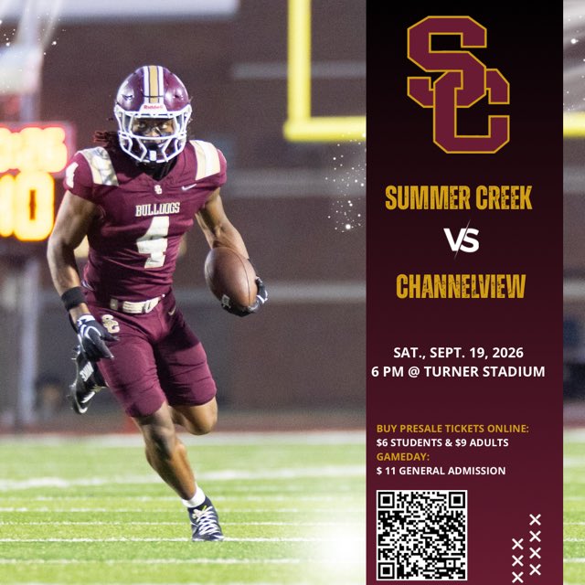 SC_BulldogFB's tweet photo. 🏈 SC Football vs. Channelview

📅 Saturday, Sept. 19
⏰ 6 PM
📍 Turner Stadium
🎟️ Presale: $6 students/$9 adults
Game day: $11

Tickets 🎟️: https://t.co/FcTd4TiR5j

Clear bags only. Cashless ticket sales. https://t.co/ozqA700YUj
