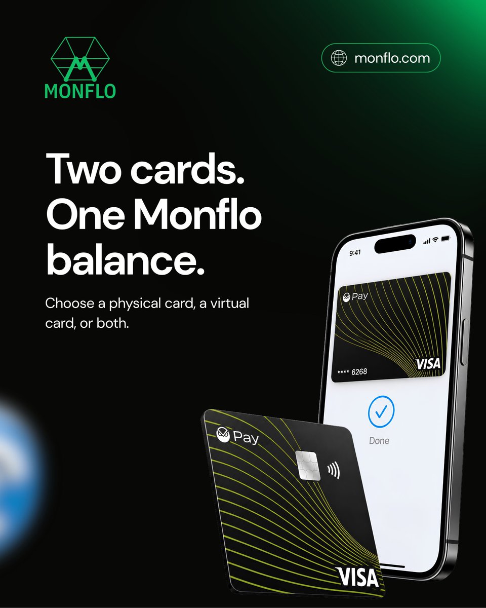 MonfloFinance's tweet photo. Your physical and virtual debit cards are linked to the same Monflo account.

Use a virtual card for online purchases or add it to Apple Pay and Google Pay. Choose a physical card when you prefer paying with a card in hand.

However you choose to pay, your stablecoin euros stay connected to one account.

Log in at https://t.co/JTyFbHuvse and choose your card.