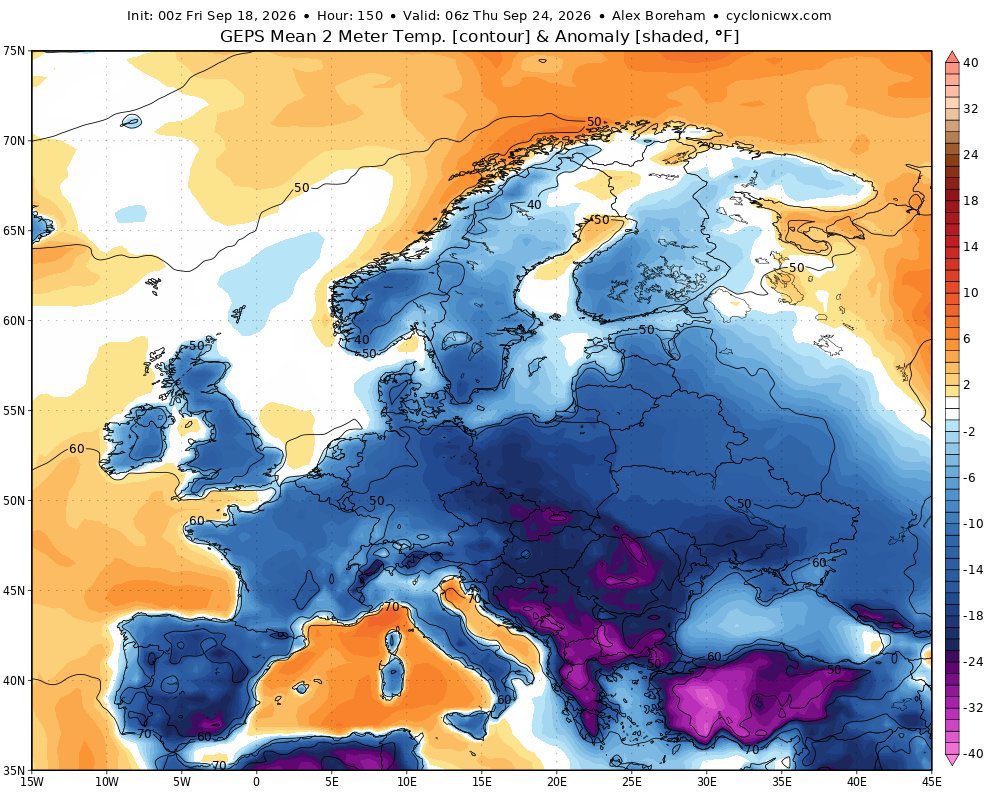 hasesad's tweet photo. 23-24 eylülde merkezi balkanlar trakya ve  batı anadolu olan ve ülkemizi etkileyen mevsimine göre güçlü soğuk hava dalgası geliyor. 🥶kayak merkezindeki zirveler kar alabilir❄️
Yağış konusu açısından netlik yok. https://t.co/a2g34lIpLu