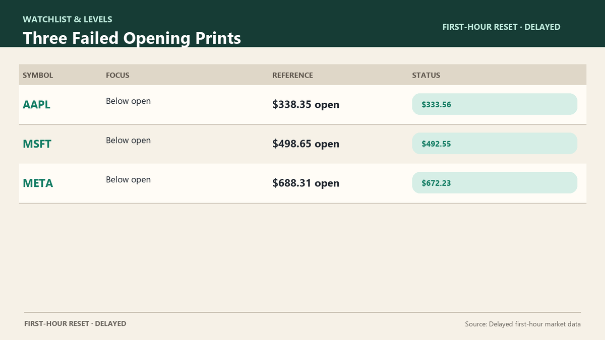 Watchlistlevels's tweet photo. Three liquid mega-caps failed their opening prints in the delayed first-hour snapshot. $AAPL was 333.56 versus a 338.35 open, $MSFT 492.55 versus 498.65, and $META 672.23 versus 688.31. A reclaim of the open is more useful than guessing which red name has hit its low. https://t.co/RT2G3DCdek