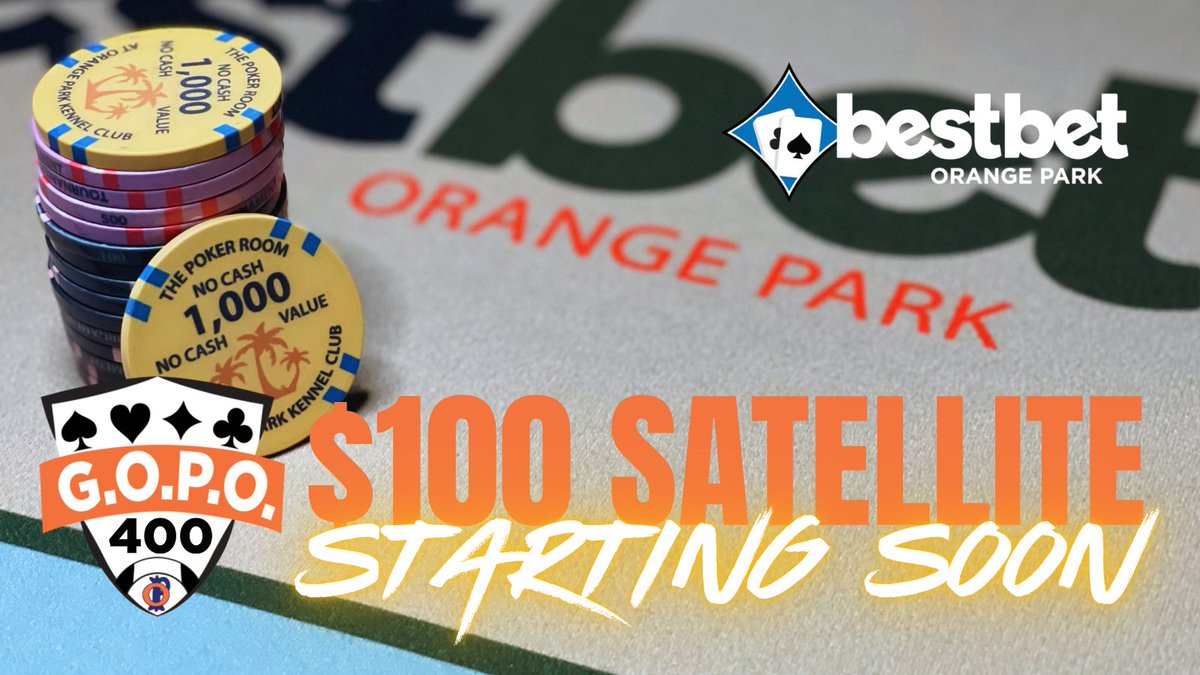 bestbet_jax's tweet photo. Your FINAL chance to win your way in to this month's GOPO Tournament starts at 1PM! 

$100 Satellite into tomorrow's GOPO tournament at bestbet Orange Park 🍊♠️

See you at the tables! https://t.co/wBvAeLVtGP