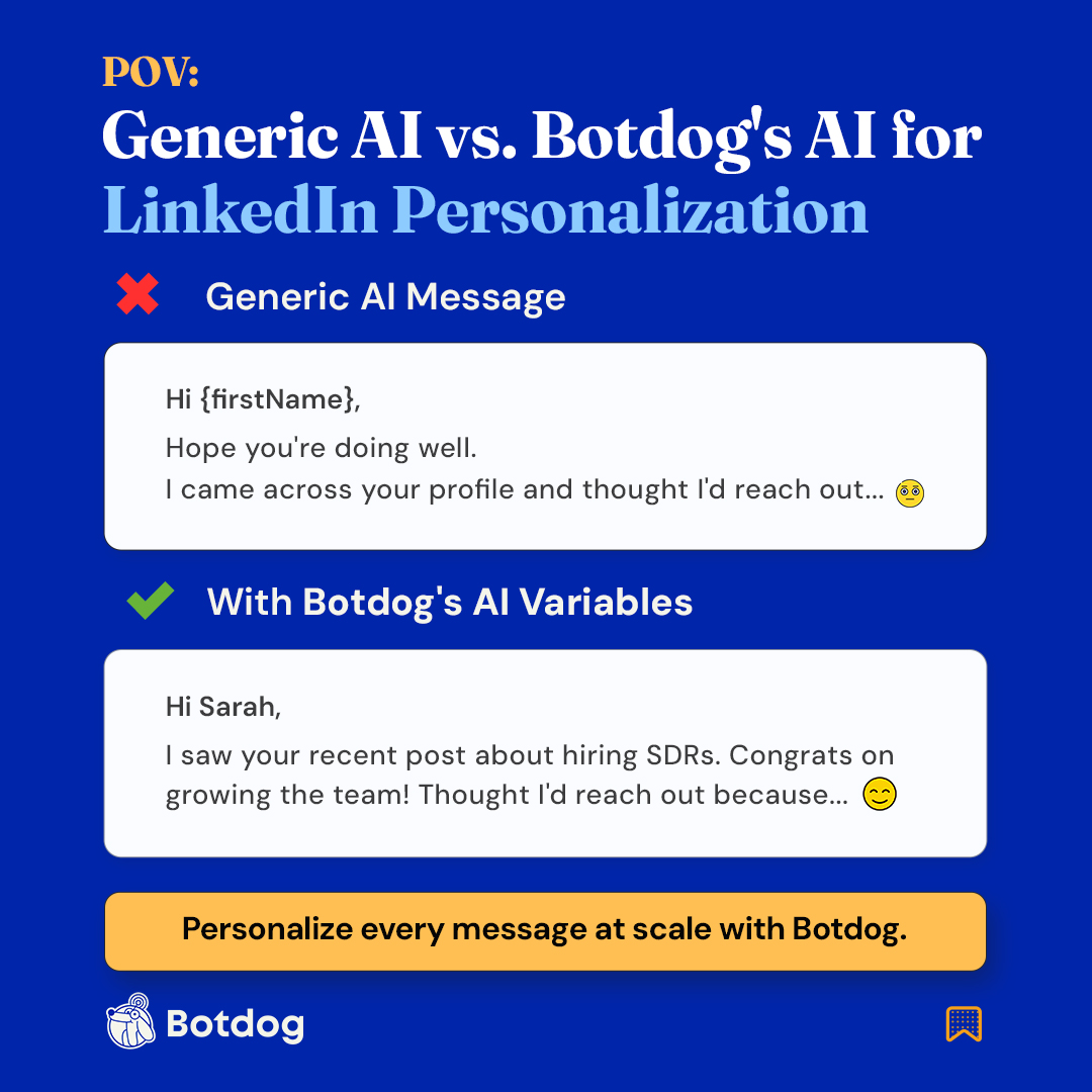 Botdogco's tweet photo. Your prospects have seen this too many times:

“Hi {firstName}, hope you’re doing well…”

With Botdog’s AI Variables, personalize openers using their role, company, or recent activity - without the extra work.

Better first impressions. Better conversations. 🤖 https://t.co/P9wpMjThMG