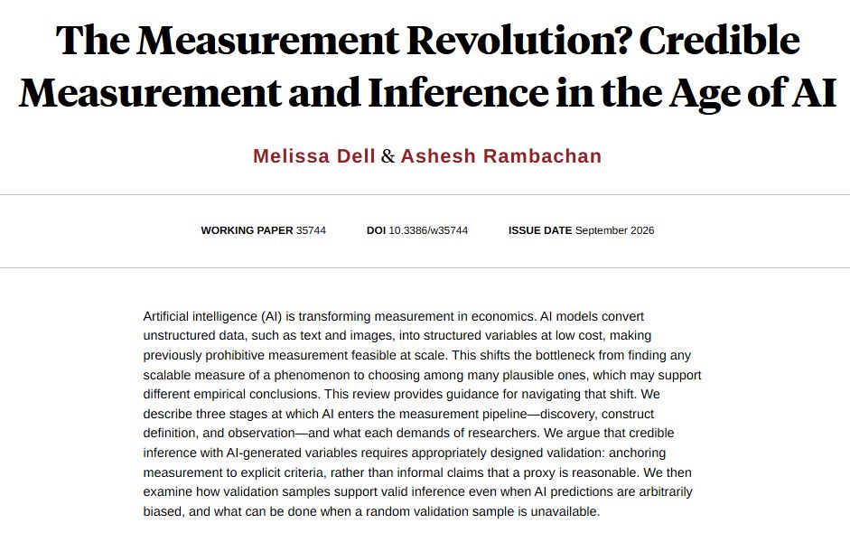 nberpubs's tweet photo. Describing three stages at which AI enters the measurement pipeline—discovery, construct definition, and observation—and what each demands of researchers, from Melissa Dell and @asheshrambachan https://t.co/3fdww0gAdR https://t.co/rQw65ITcyz