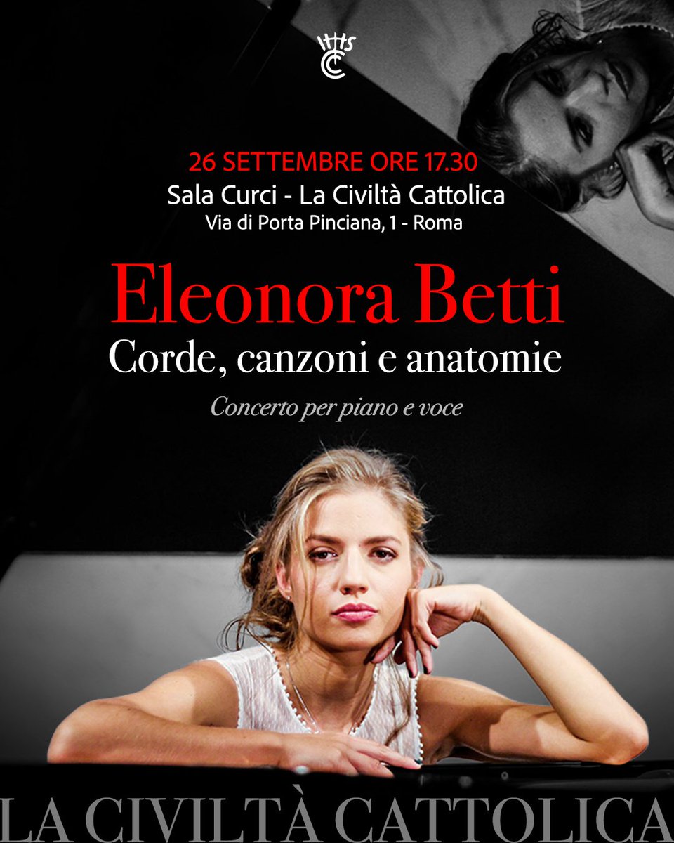 civcatt's tweet photo. 📌 Eventi | 𝐄𝐥𝐞𝐨𝐧𝐨𝐫𝐚 𝐁𝐞𝐭𝐭𝐢: 𝐜𝐨𝐫𝐝𝐞, 𝐜𝐚𝐧𝐳𝐨𝐧𝐢 𝐞 𝐚𝐧𝐚𝐭𝐨𝐦𝐢𝐞

Sabato, #26settembre, ore 17:30. La Civiltà Cattolica.
Attraverso sonorità contemporanee che si radicano nella canzone d’autore italiana, nel jazz e nel pop, le sue canzoni provano a riflettere su importanti tematiche e questioni esistenziali: dalla qualità del tempo all’incertezza del dubbio, dalla profondità del quotidiano all’importanza dei diritti.

Scopri di più:
https://t.co/u89ADPqAOA