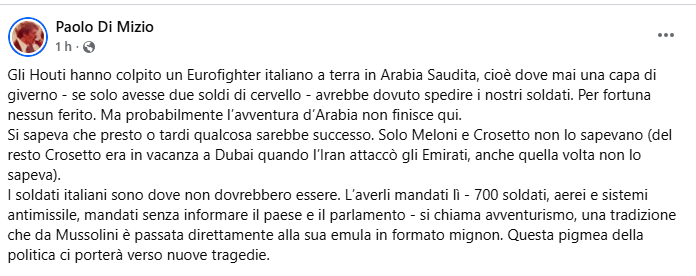 Moonlightshad1's tweet photo. "I soldati italiani sono dove non dovrebbero essere. L’averli mandati lì - 700 soldati, aerei e sistemi antimissile, mandati senza informare il paese e il parlamento - si chiama avventurismo, una tradizione che da Mussolini è passata direttamente alla sua emula in formato mignon" https://t.co/HhlwZ7Rf9M