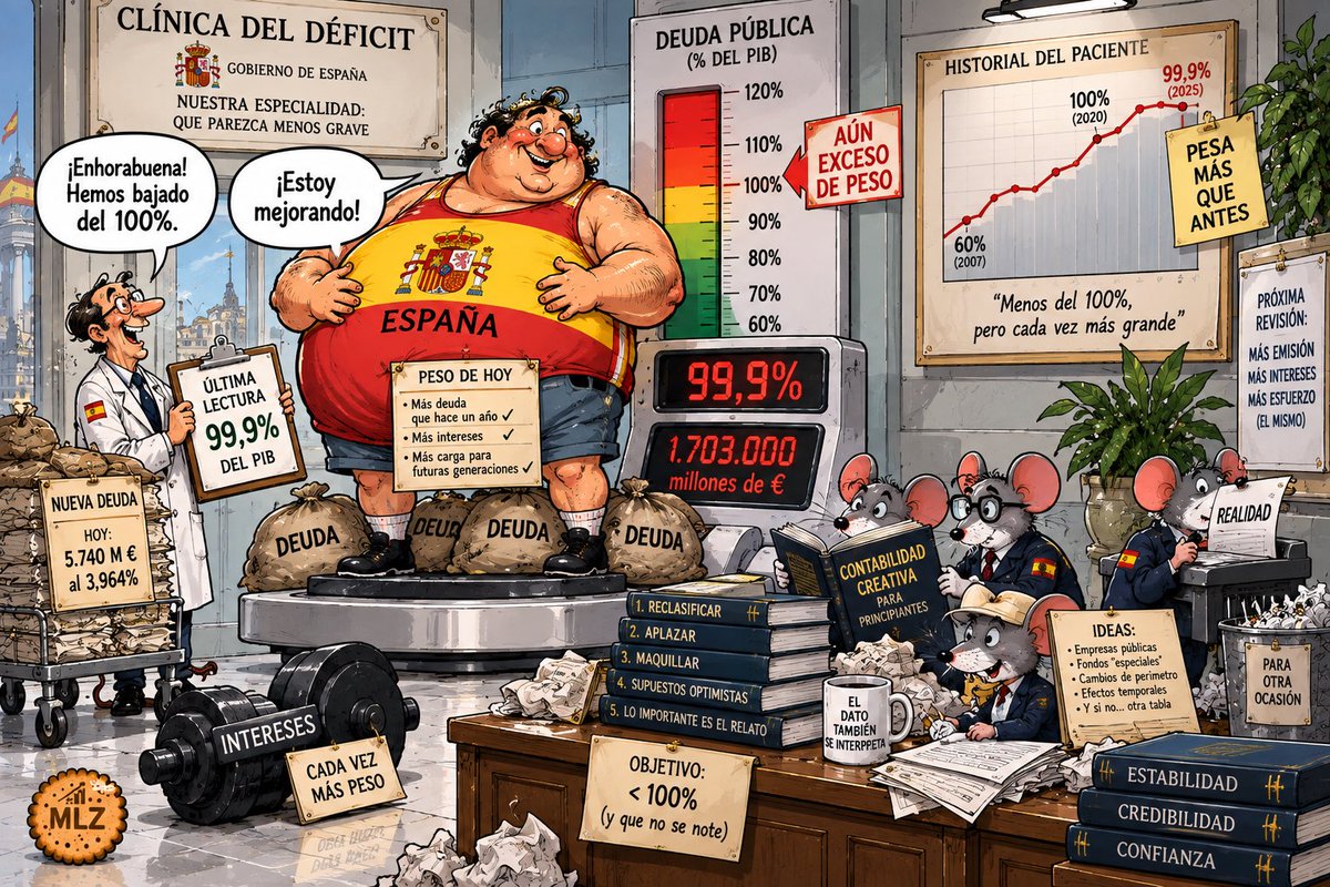 JoanMir13's tweet photo. Buenas noticias: la deuda pública española ya ha bajado del 100% del PIB. 

Técnicamente, hemos adelgazado.

#DeudaPública #Economía https://t.co/oIaRp7g00I