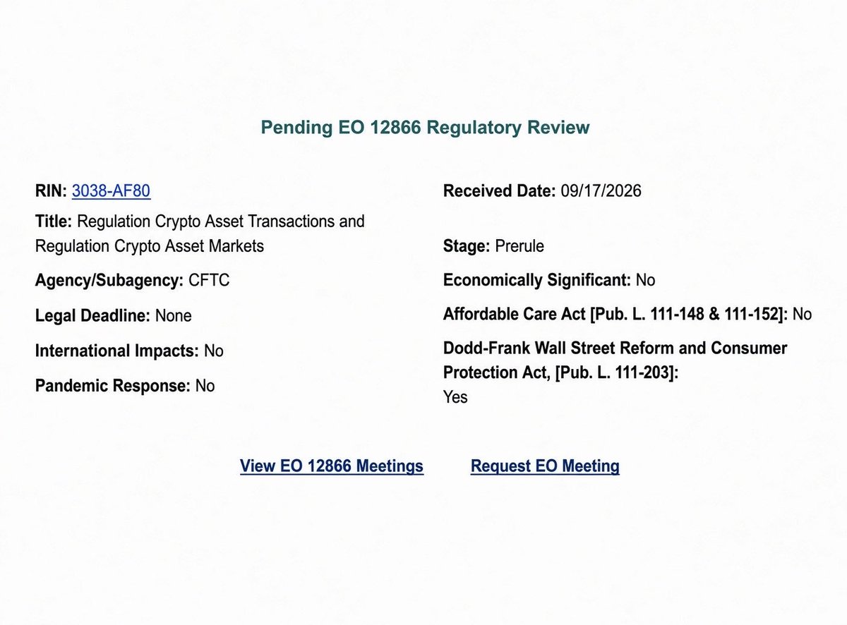 Xfinancebull's tweet photo. BREAKING🚨🚨🚨The CFTC has sent its crypto market rulemaking to the White House for review.

It’s titled “Regulation Crypto Asset Transactions and Regulation Crypto Asset Markets.”

Congress stalled. The agencies are still moving.

See what’s happening yet?

$XRP stellar:native hedera-hashgraph:native