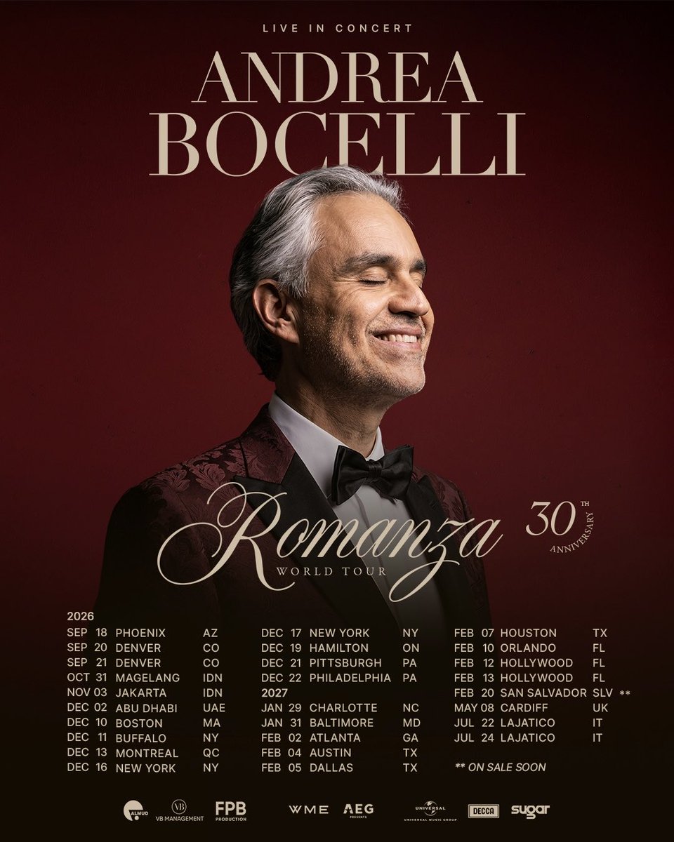 AndreaBocelli's tweet photo. Celebrating 30 years of Romanza together in 2026 and 2027 

Tickets are on sale now: https://t.co/zHfCa1XAgP https://t.co/h2XNkDXsdz