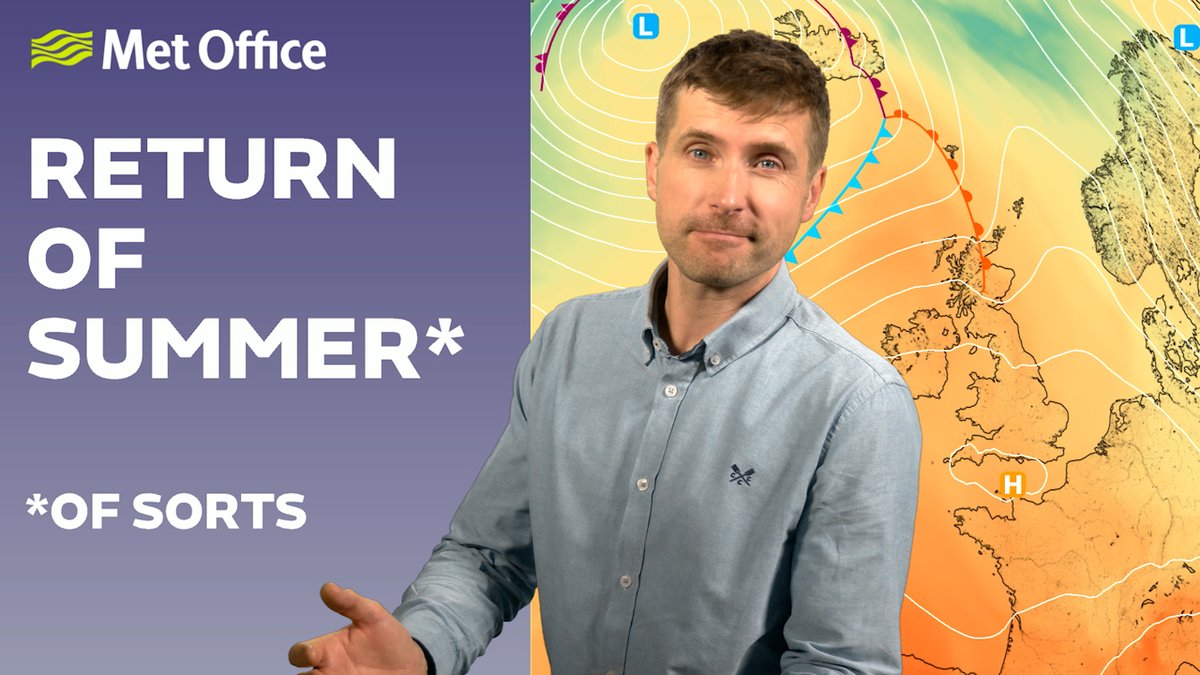 Met Office graphic showing the headline “RETURN OF SUMMER*” and “*OF SORTS” beside weather presenter Alex Burkill standing in front of a weather chart of the UK, with warm colours and pressure systems indicating warmer conditions.