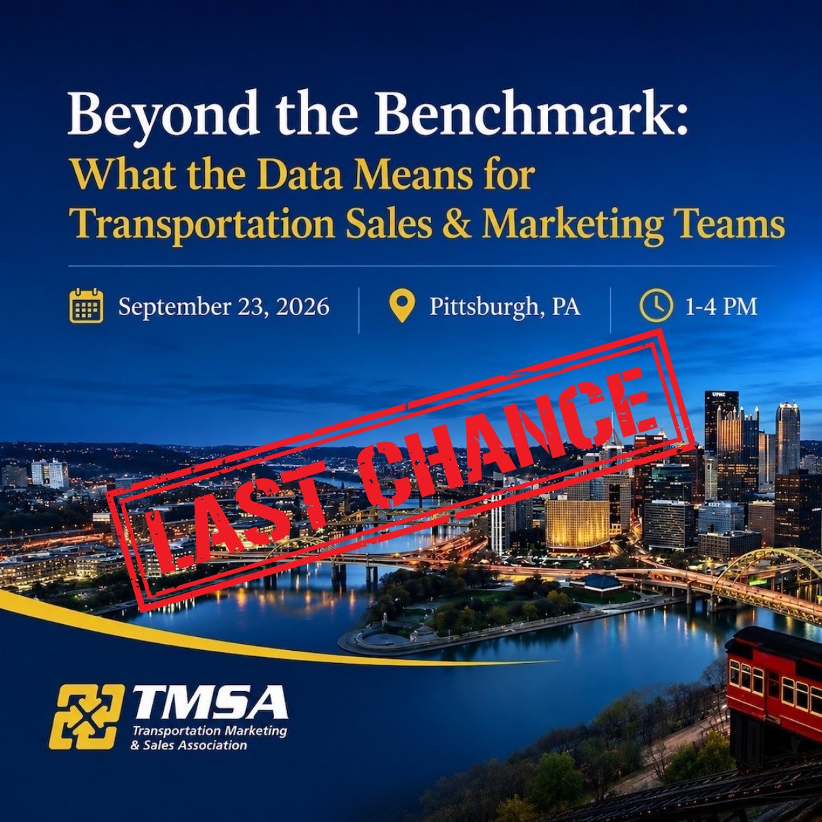 TMSAtoday's tweet photo. 🚨 Last call!

Join transportation and logistics professionals in Pittsburgh on September 23 for the 2026 TMSA Benchmarking Regional Event.

Benchmarking data. Peer discussions. Actionable insights.

Seats are limited so register today!
https://t.co/fDWCW8IQw5 https://t.co/JsdOzxL6YB