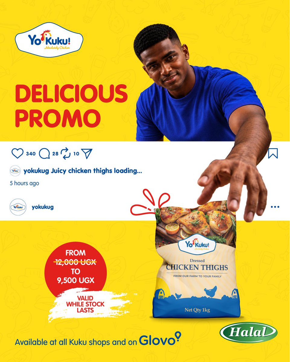 YoKukUg's tweet photo. Your favourite piece just got a whole lot sweeter 😋🍗
Chicken thighs are now UGX 9,500, down from UGX 12,000.

Get yours while stock lasts. Available at Kuku shops and on Glovo. 

#AbsolutelyChicken https://t.co/q7kgcPEwCE