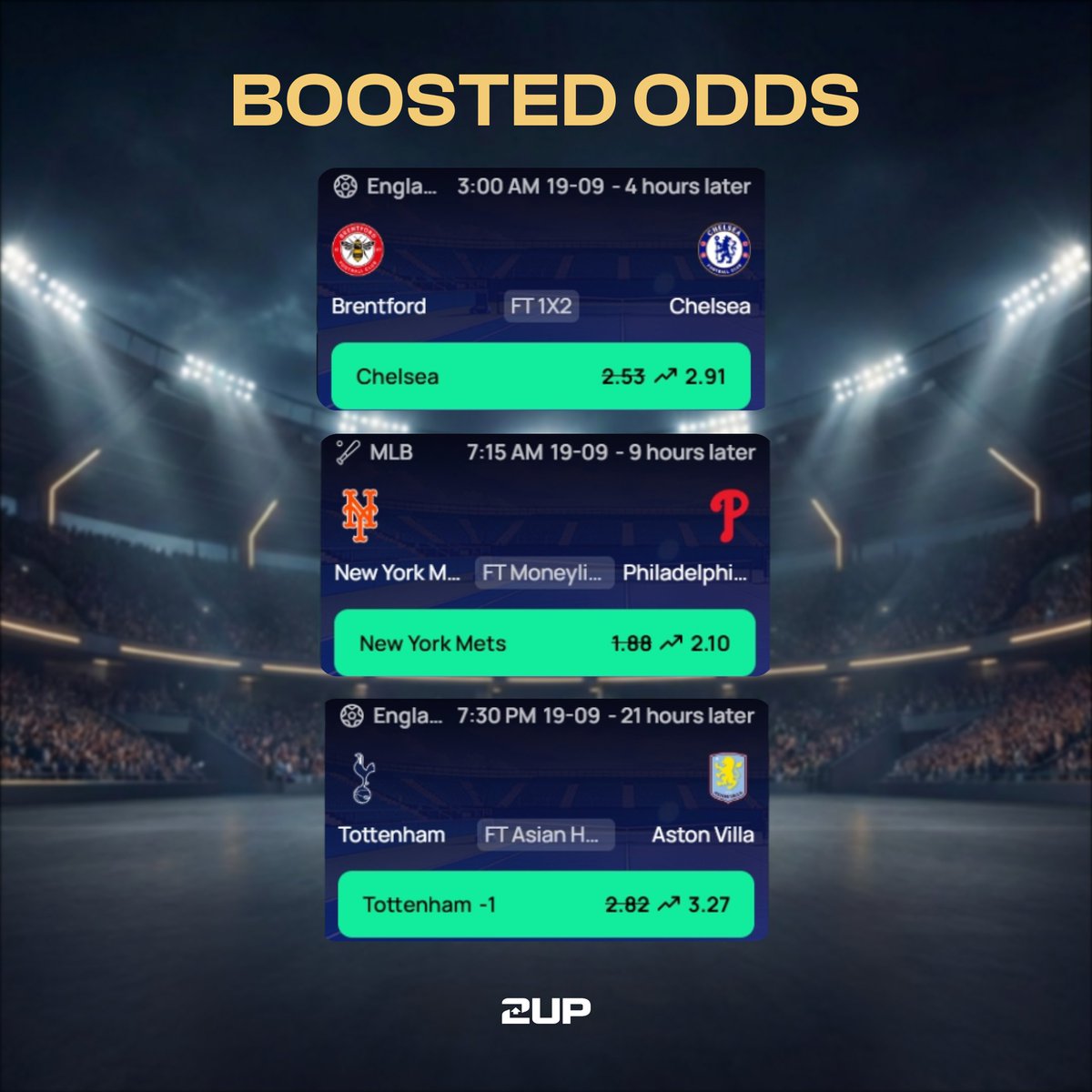 play2upio's tweet photo. Chelsea, the Mets and Tottenham are all on the Boosted Odds card today. Three different matchups across football and baseball 🔥

I’ve got these three in the mix. Who’s jumping in with me? https://t.co/hKi4zDVhUJ