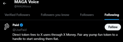 tracksuit92's tweet photo. MAGA Voice JUST followed XPaid?

They're tapped into the crypto and meme space, with over 1M followers

He will definitely claim and interact if it goes high enough

https://t.co/ZmQh6RIRVx

https://t.co/1lUGWS8Aat https://t.co/LOcTNXYnTR
