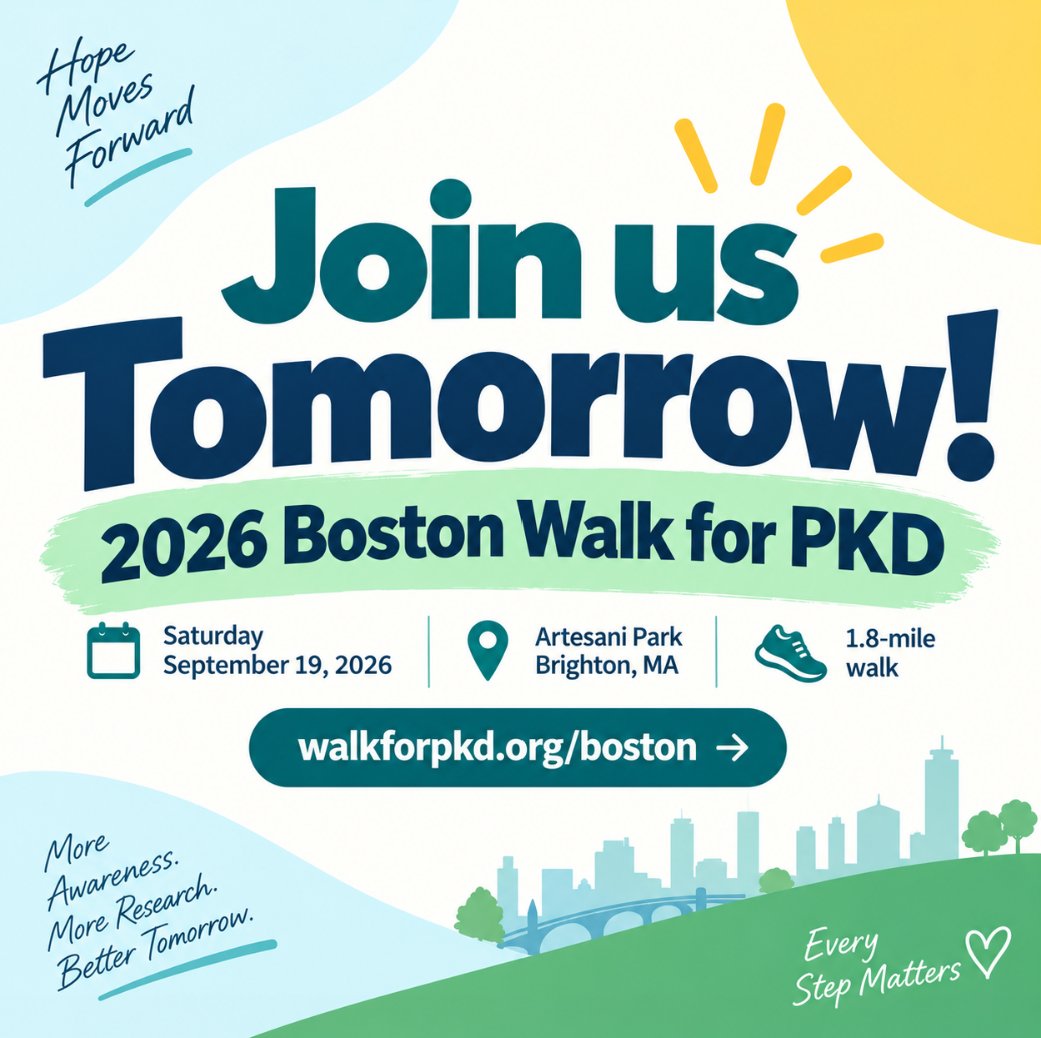 NewEnglandPkd's tweet photo. ITโS TOMORROW! ๐๐
The weather is looking great for the 2026 Boston Walk for PKD โ sunshine, cooler temps & a perfect day to walk together! โ๏ธ๐
๐ Artesani Park, Brighton
๐ค 9:30 AM
๐ 1.8 miles
https://t.co/AWERCfcfbx
#EndPKD #PKDFoundation #WalkForPKD #PKD #PKDCommunity https://t.co/vR3KWHdHR7