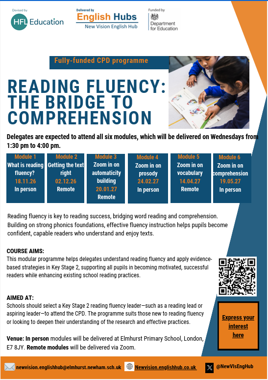 NewVisEngHub's tweet photo. We’re delighted to announce that we now have spaces available on our Reading Fluency Programme for Key Stage 2 reading leaders.
Register today: https://t.co/aUpuypaTGJ https://t.co/jFs8RhQK9j