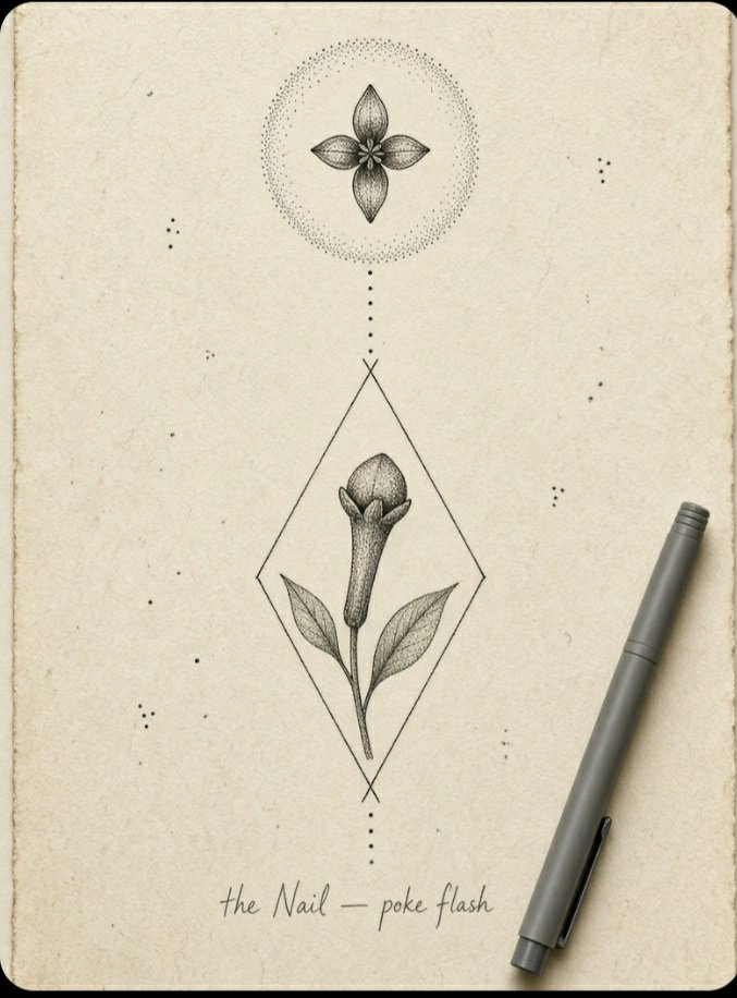 WildflowerInkCo's tweet photo. A small hand-poke, in the spirit of the cloveIn honor of the nail that heals the mouth, I am drawing a tiny poke-flash.Not a bouquet. One bud.A single clove, stippled the way a needle earns its keep — dot by patient dot. The square crown. The taper. Two small leaves, nothing extra. Set inside a thin diamond, because a diamond is a gate seen from the side. A dotted circle above it, pale as Vishuddha, joined by a falling line of poke-dots: breath leaving the https://t.co/t7UElBh64i wants to live small. Inner wrist, where the pulse speaks. Beside the collarbone, where the throat begins. Behind the ear, where the word is decided.The method matters. Hand-poke is clove’s cousin. Slow. Warm. Local. It does not rush the nerve. It stays with the place that hurts until the place remembers it can be quiet.This one is for anyone who has held a truth too long in the mouth and needs a small brown nail to pin it kindly to the skin.The healing magic of clove, one poke at a time.If the caravan ever finds you, ask for the Nail.  🖤🕸  #HealingArt #HandPoke