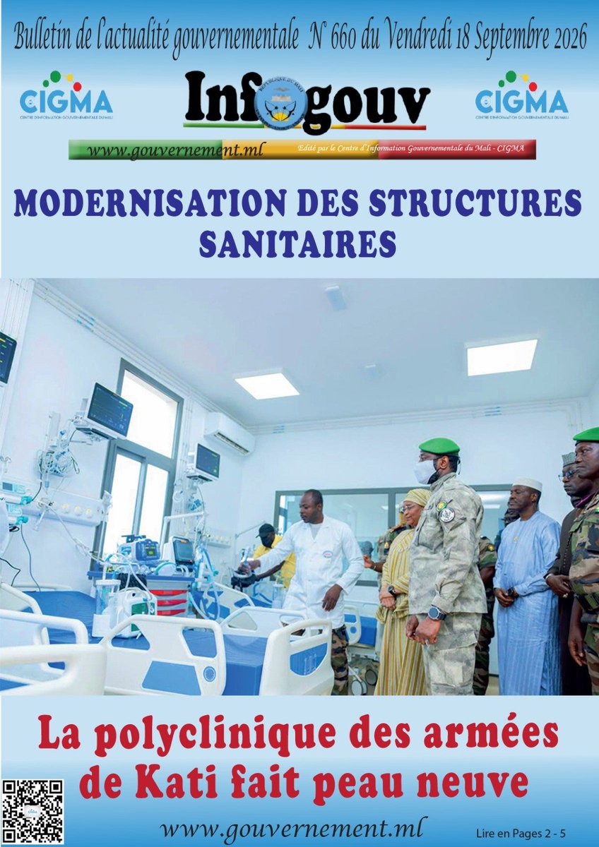 Gouvernememali's tweet photo. #CIGMA #INFO #INFO_GOUV
La Une de votre bulletin quotidien de l'actualité gouvernementale du vendredi 18 septembre 2026.
À lire sur https://t.co/suVN1hbPkK
#CIGMA https://t.co/lKoFyqtnUv