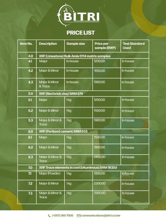 BITRI1640's tweet photo. THE BITRI CENTRE FOR MATERIAL SCIENCE TESTING SERVICES PRICE LIST
1.    Material Characterisation
2.    Material Thermal Analysis
3.    Mineral Geological Analysis
4.    Mineral Beneficiation
5.    Oil, Fuel, and Water Analysis

For enquiries or quote: communications@bitri.co.bw https://t.co/nspEeRRlF4