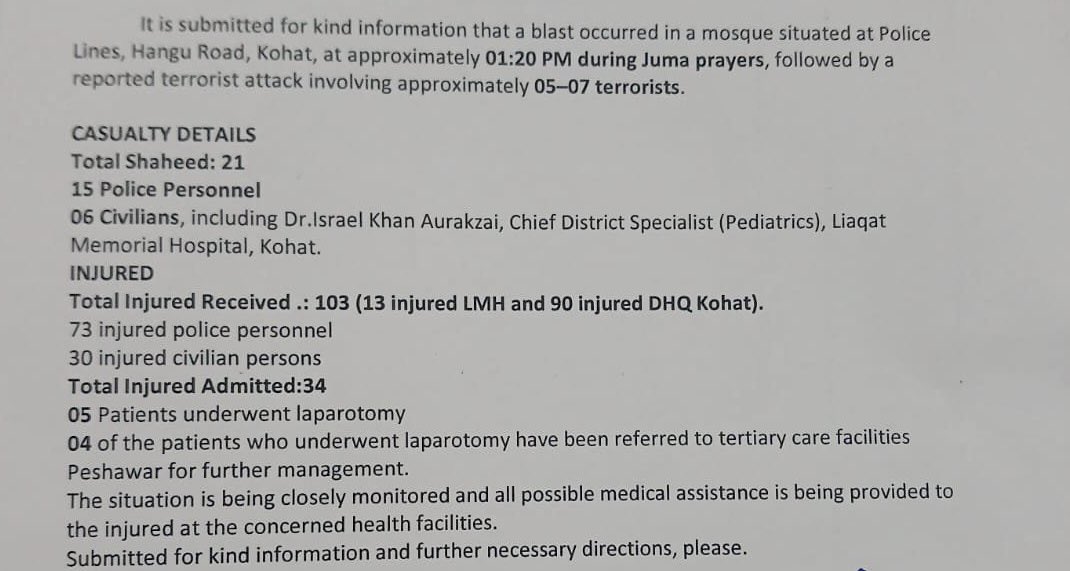 Tragic Kohat Mosque Bombing: 21 Martyrs and Over 100 Injured in Devastating Attack
