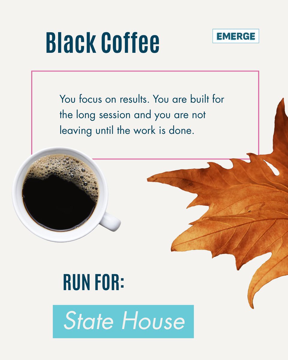 EmergeAmerica's tweet photo. Your fall coffee order says a lot about you… including what office you should be running for! 

Swipe to find out! Which one are you? Drop it in the comments, and if you are ready to run, https://t.co/R3CzslVhDR is where to start. ☕🍂 https://t.co/Dvz4jIpp3m