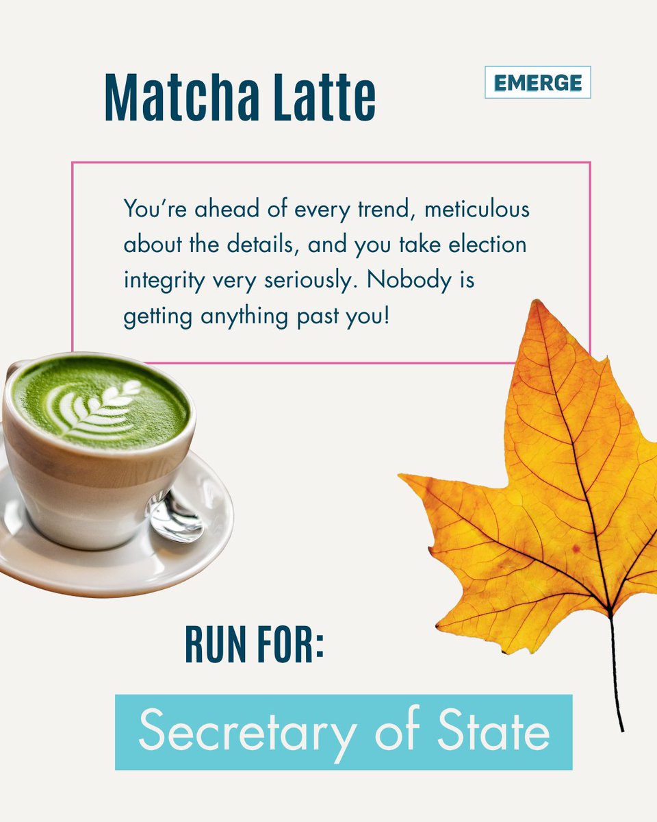 EmergeAmerica's tweet photo. Your fall coffee order says a lot about you… including what office you should be running for! 

Swipe to find out! Which one are you? Drop it in the comments, and if you are ready to run, https://t.co/R3CzslVhDR is where to start. ☕🍂 https://t.co/Dvz4jIpp3m